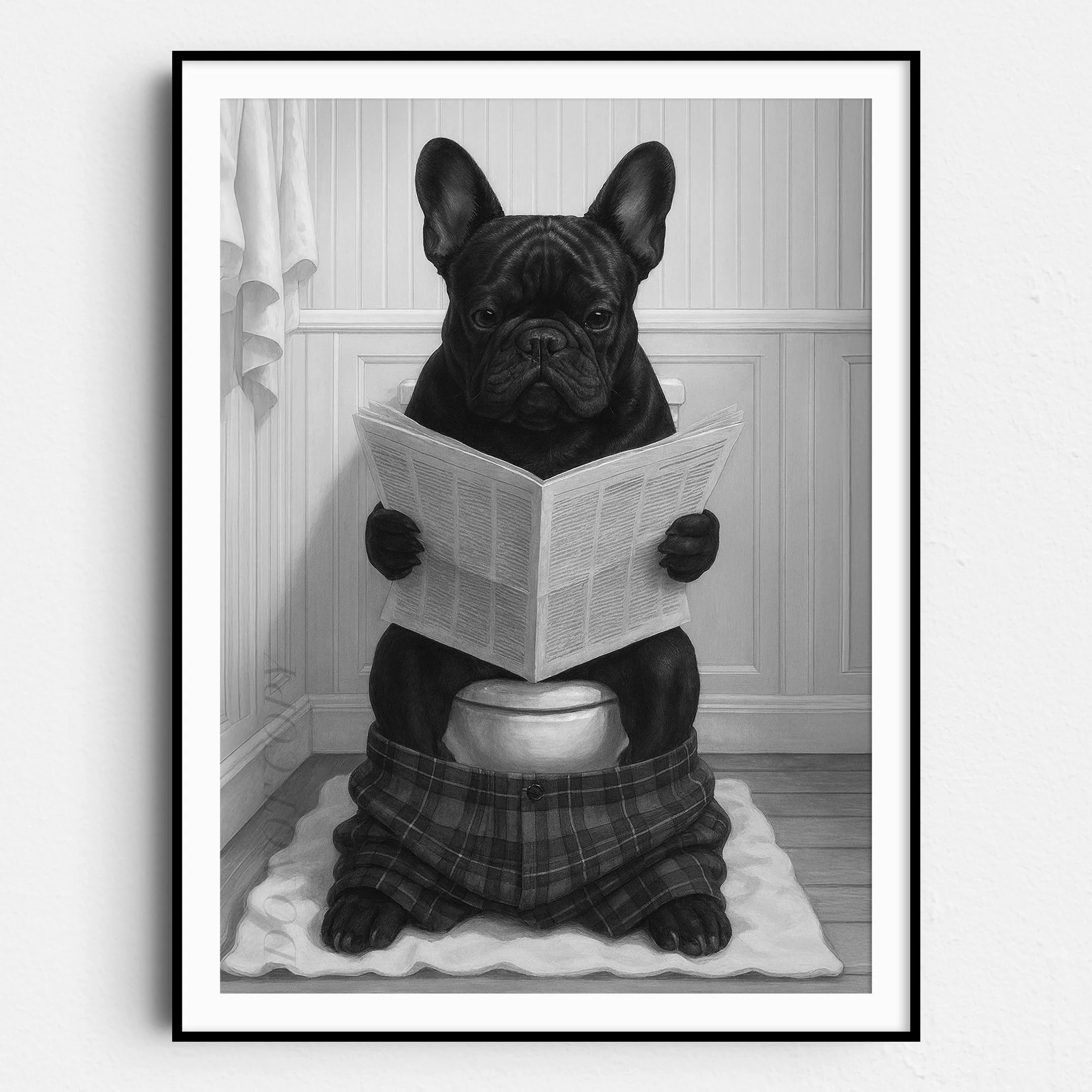 French Bulldog Reading The Newspaper On The Toilet