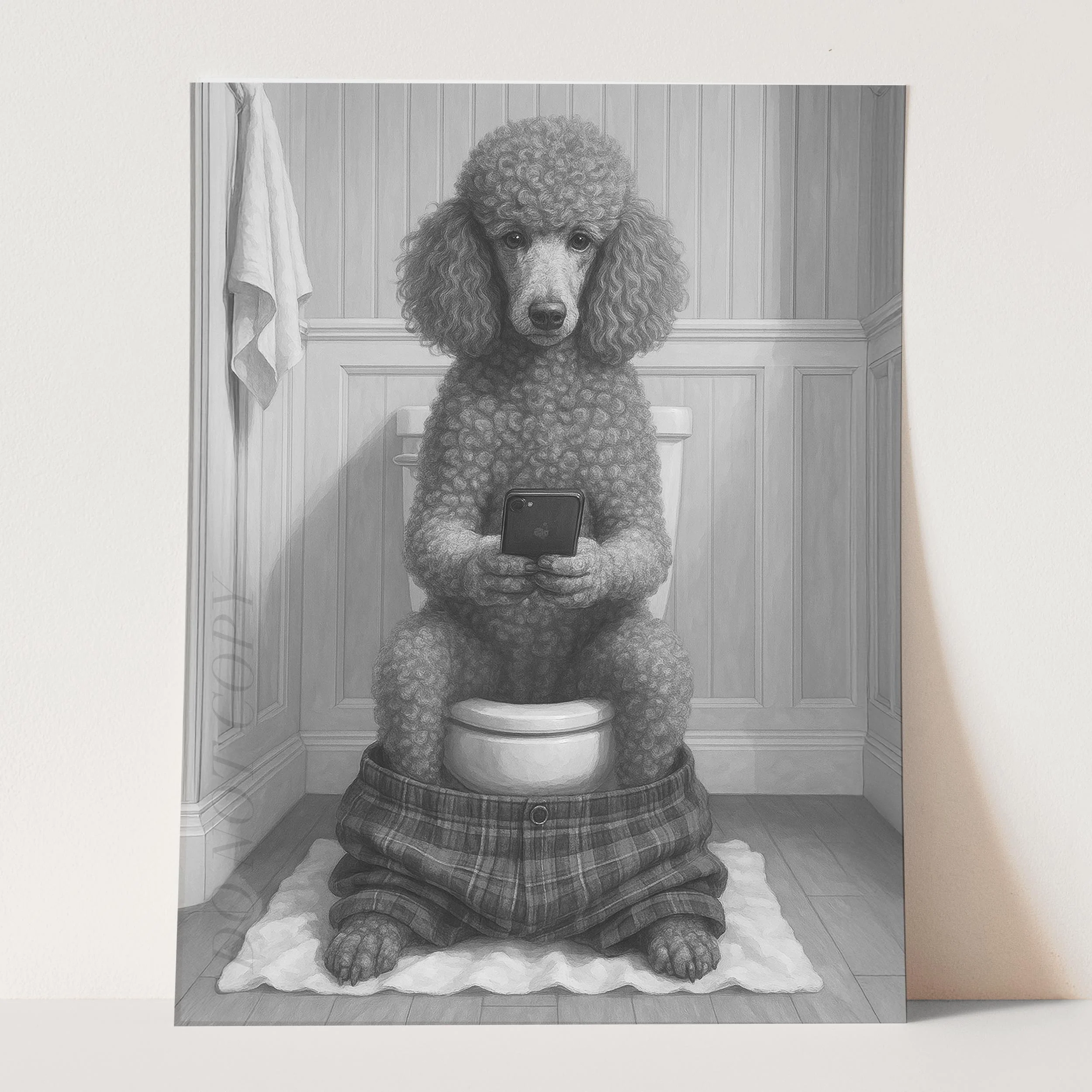 French Poodle Dog On The Phone On The Toilet - Image 3
