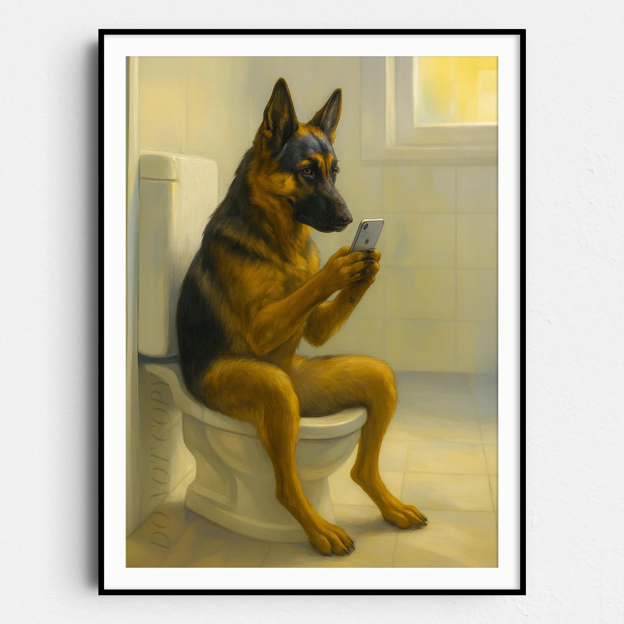 German Shepherd Dog On The Phone On The Toilet