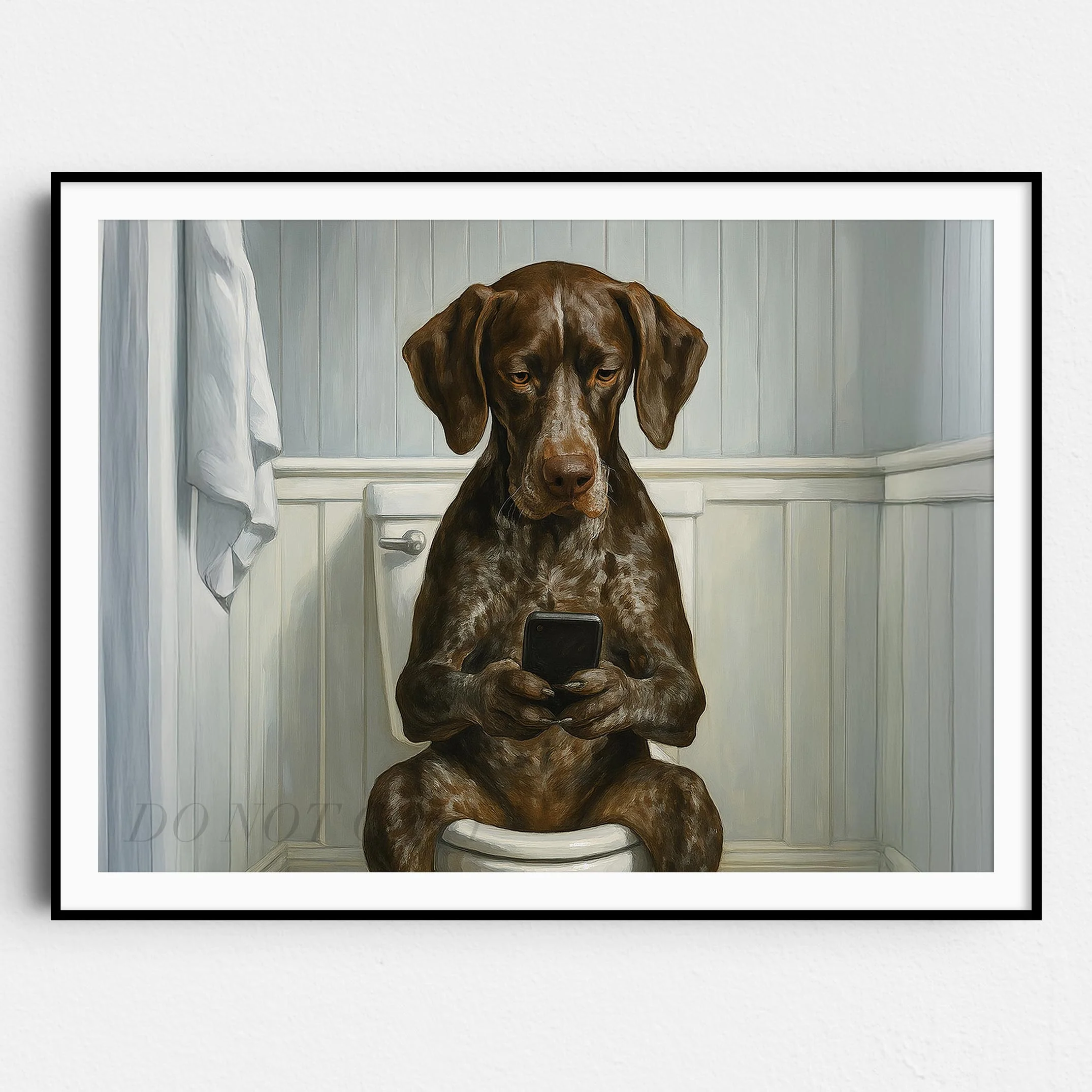 German Shorthaired Pointer Dog On The Phone On The Toilet