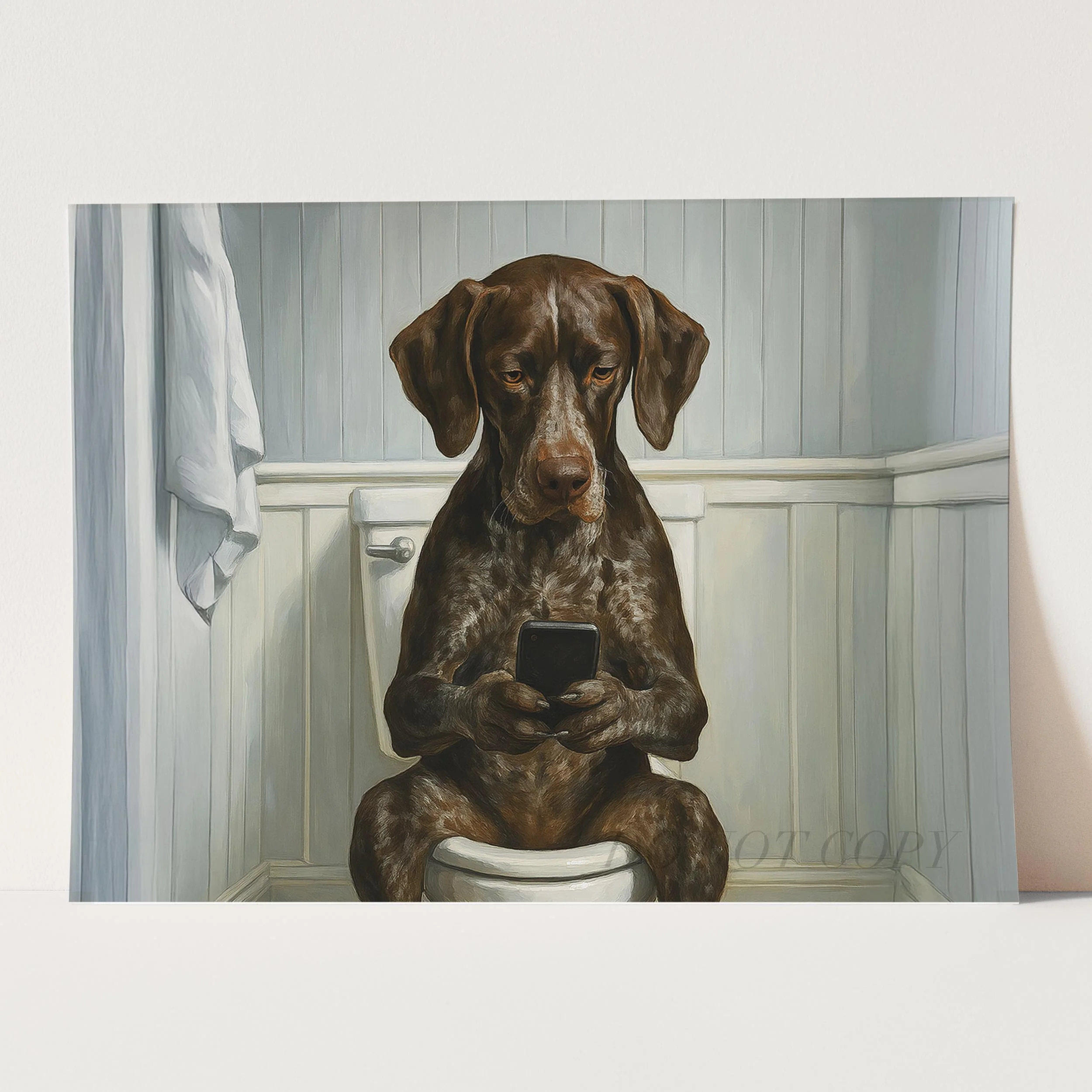 German Shorthaired Pointer Dog On The Phone On The Toilet - Image 3