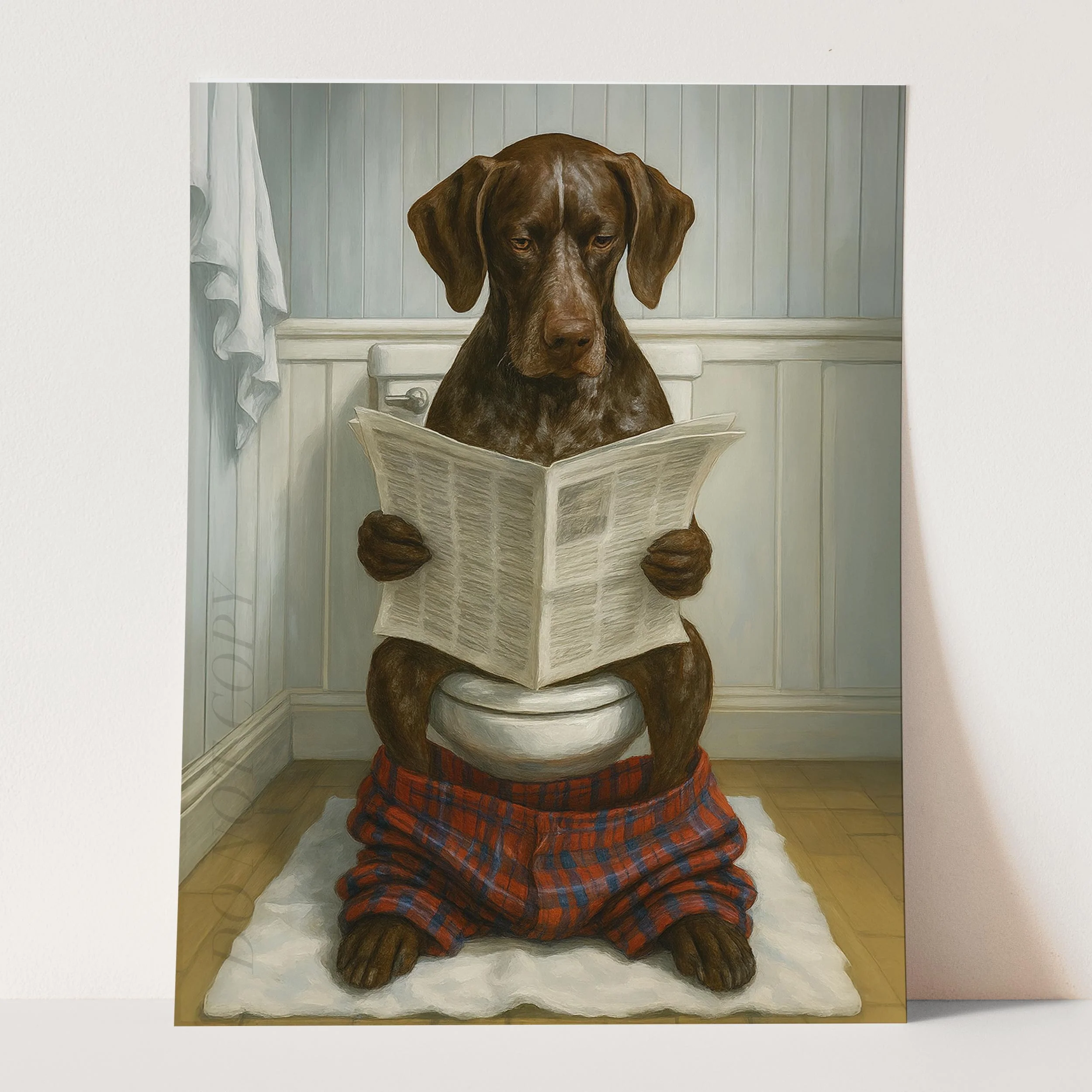 German Shorthaired Pointer Dog Reading The Newspaper On The Toilet - Image 3