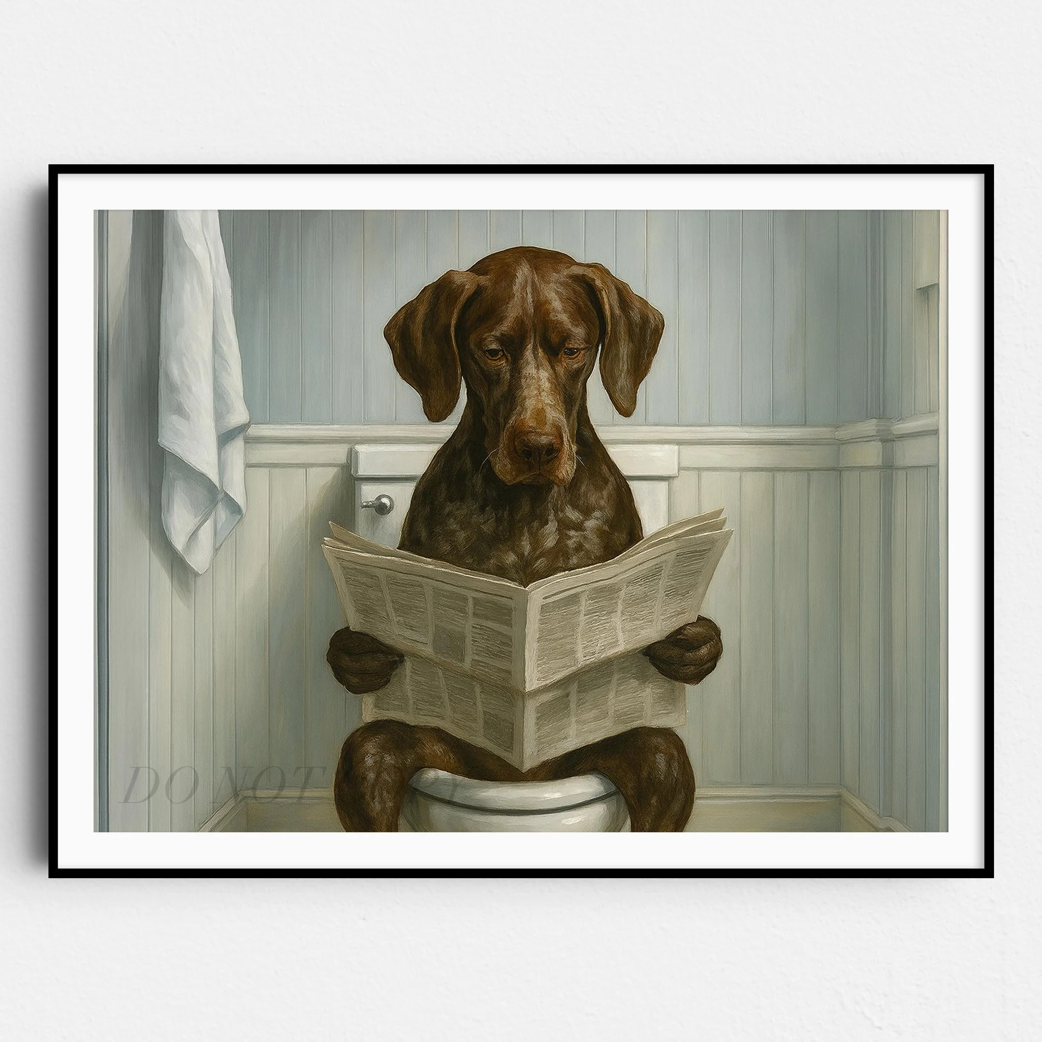 German Shorthaired Pointer Dog Reading The Newspaper On The Toilet