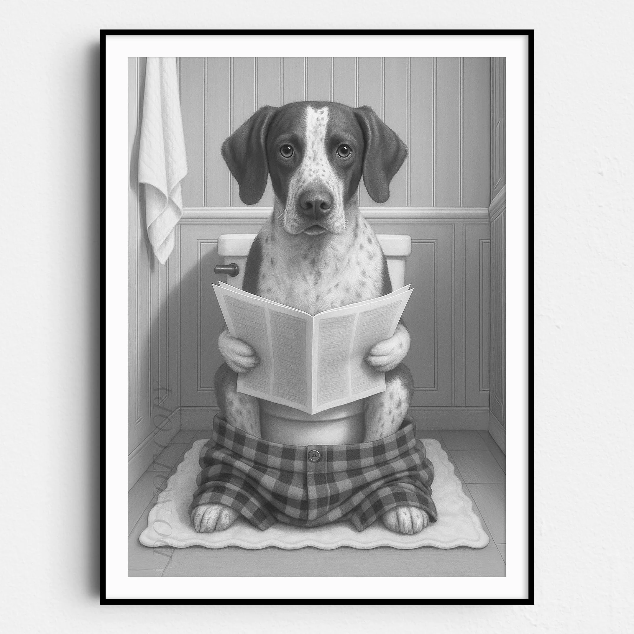 German Shorthaired Pointer Dog Reading The Newspaper On The Toilet