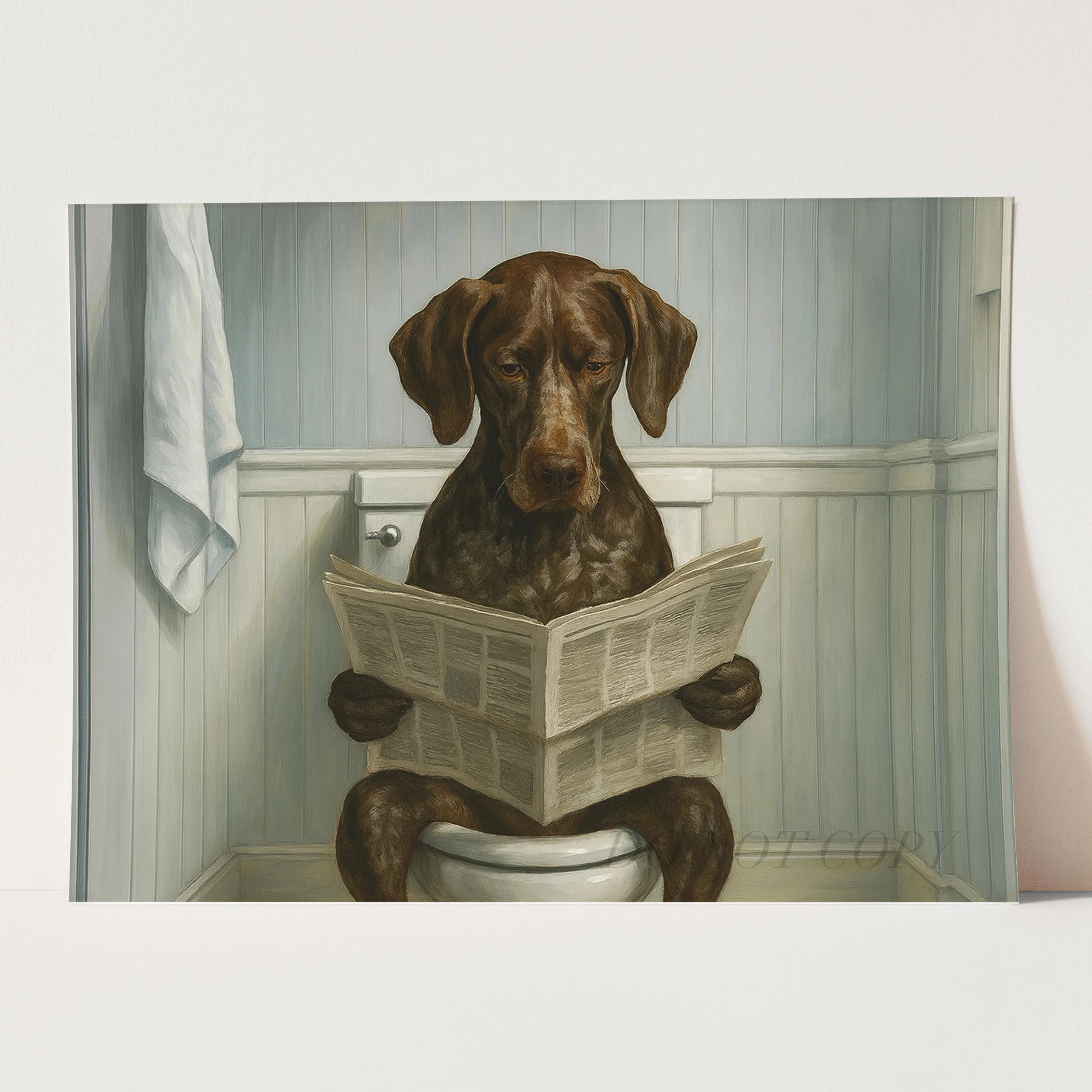 German Shorthaired Pointer Dog Reading The Newspaper On The Toilet - Image 3