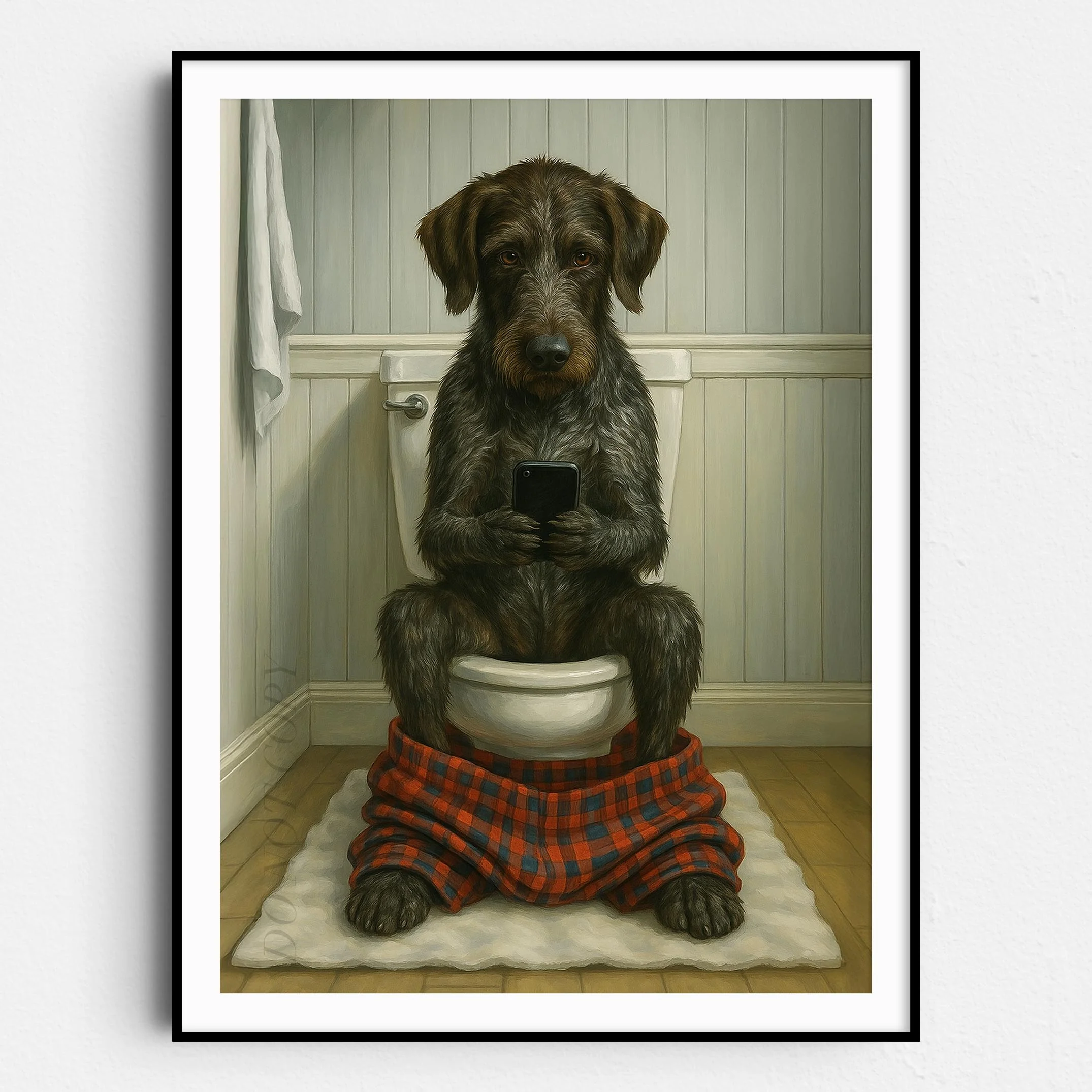 German Wirehaired Pointer Dog On The Phone On The Toilet