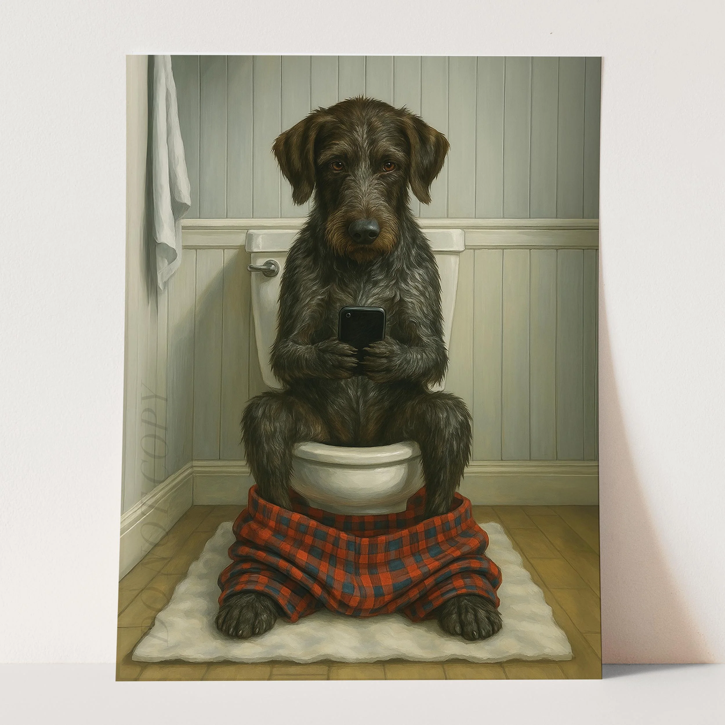 German Wirehaired Pointer Dog On The Phone On The Toilet - Image 3