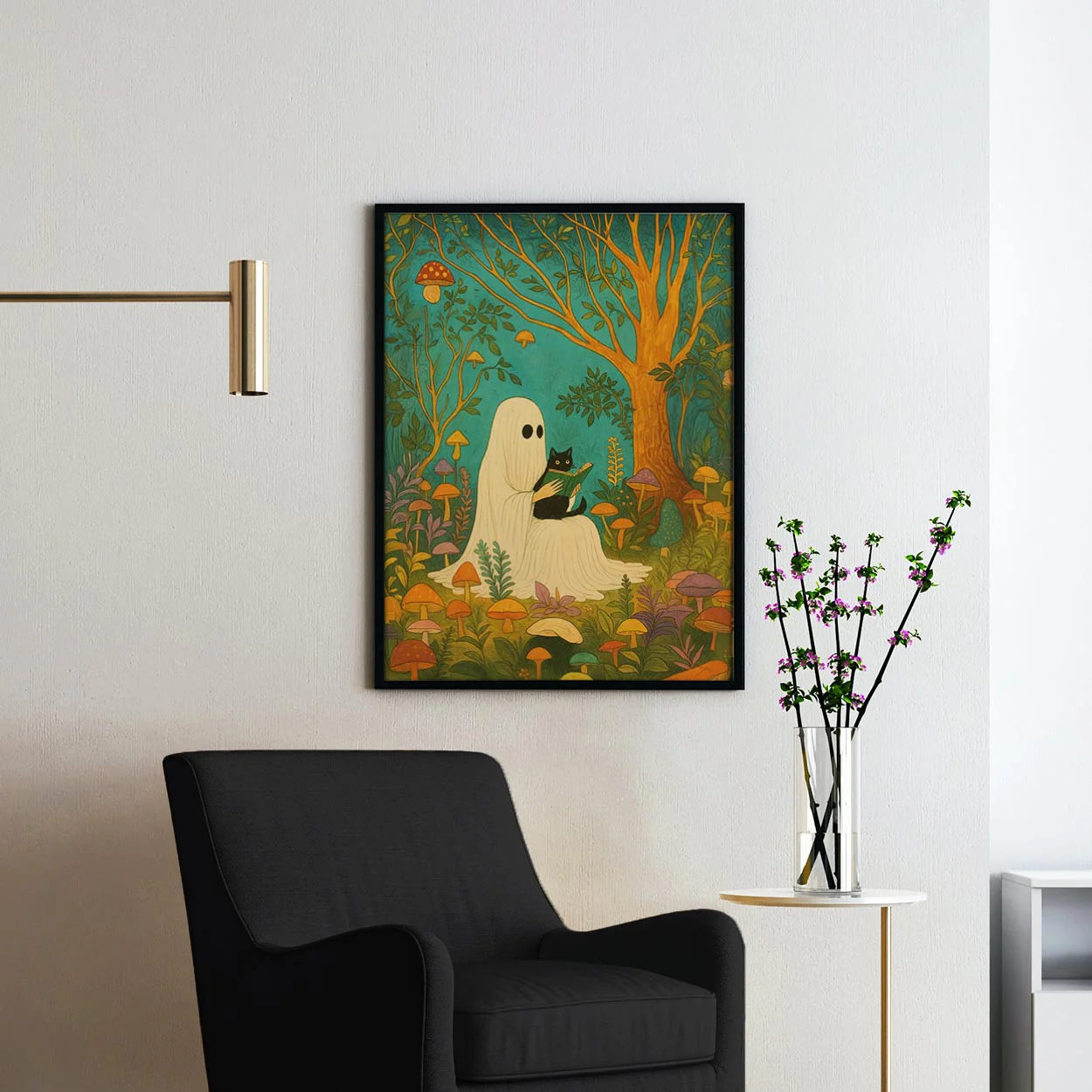 Ghost Reading With A Black Cat In A Mushroom Forest - Image 2