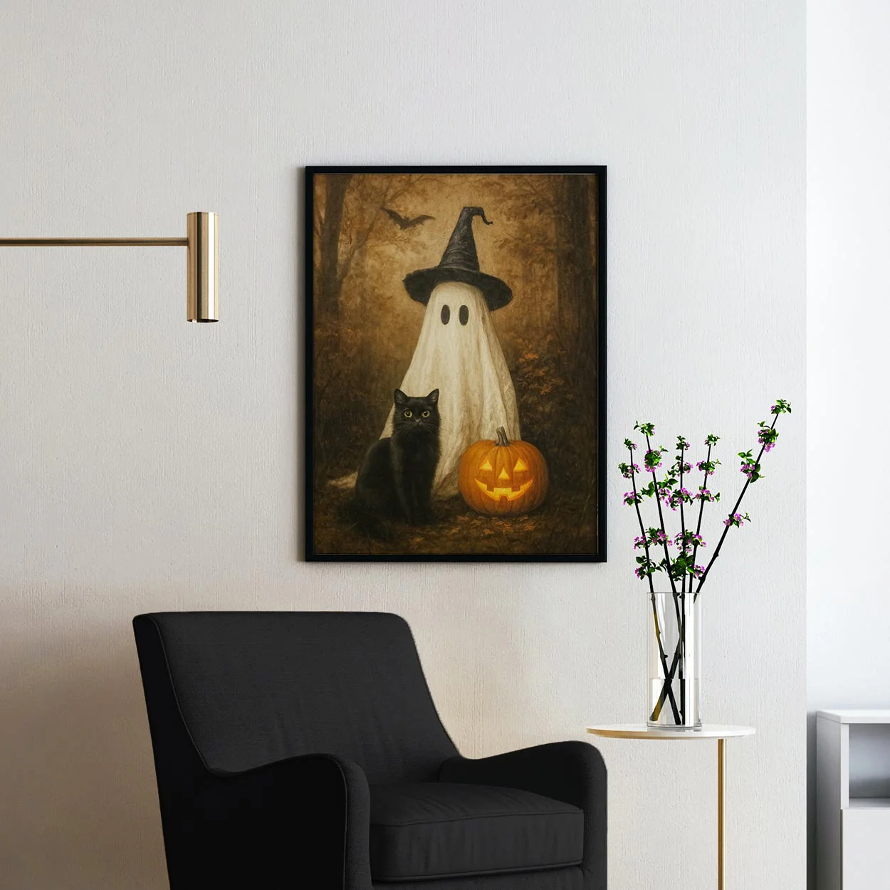Ghost With A Black Cat And Pumpkin In The Forest - Image 2