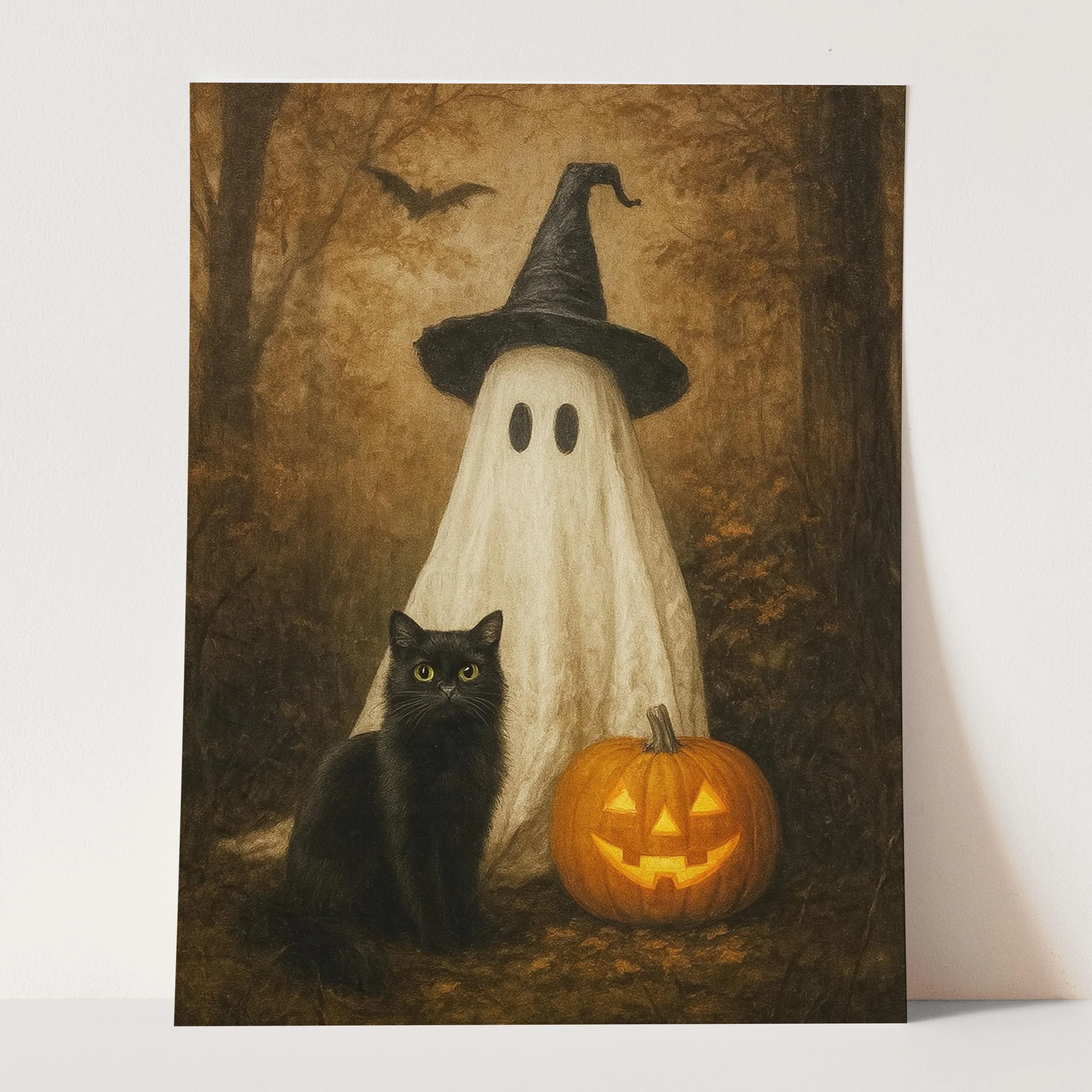 Ghost With A Black Cat And Pumpkin In The Forest - Image 3