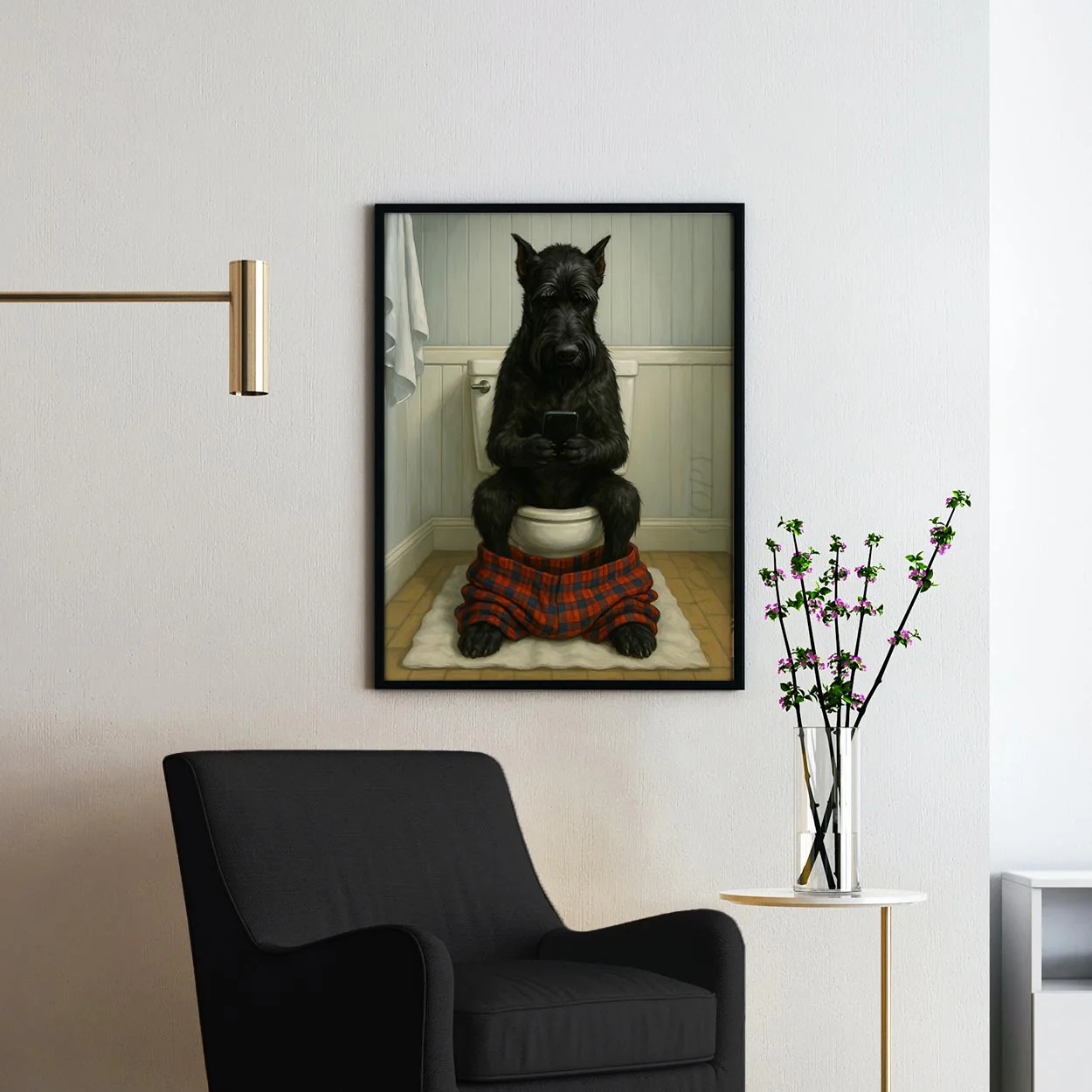 Giant Schnauzer Dog On The Phone On The Toilet - Image 2