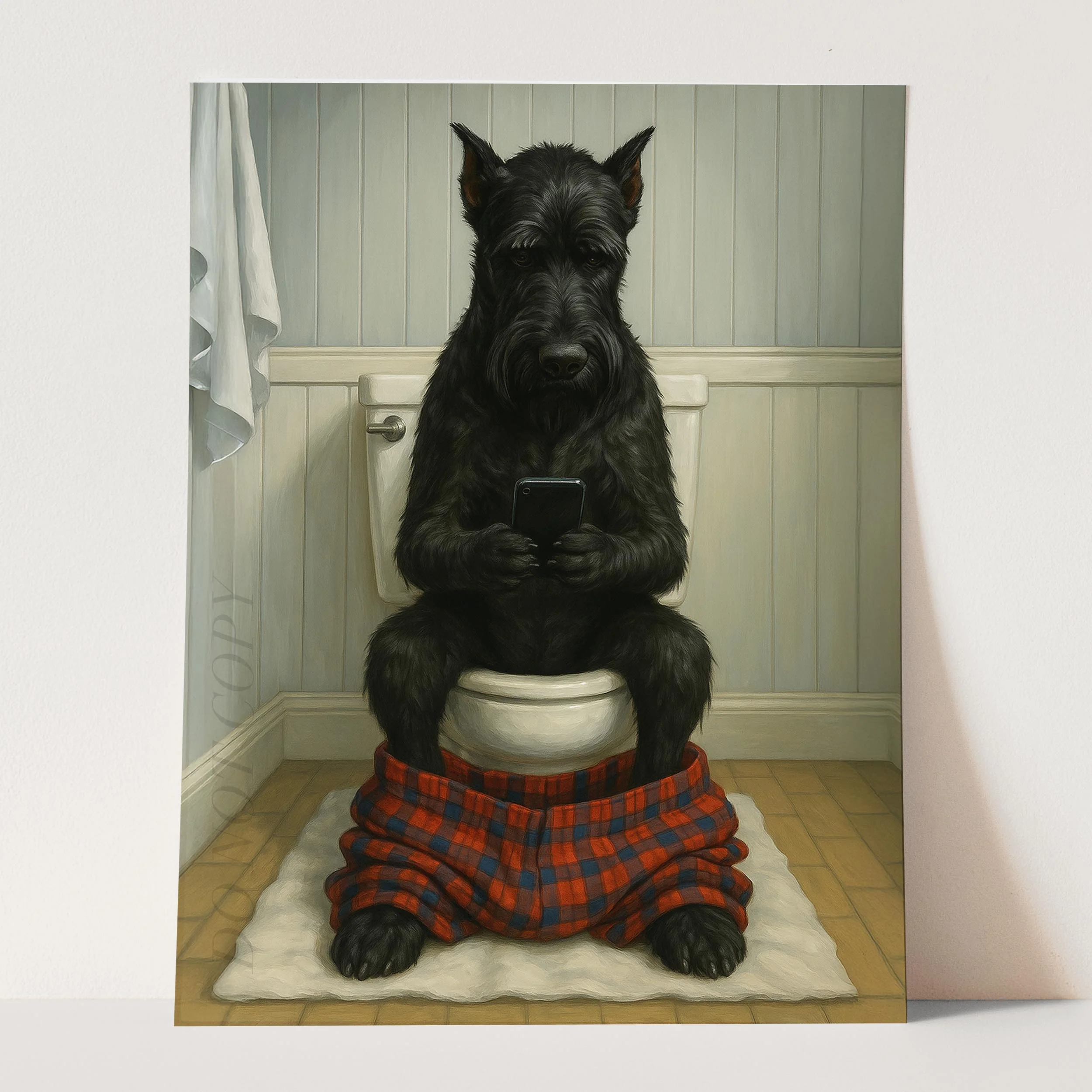 Giant Schnauzer Dog On The Phone On The Toilet - Image 3