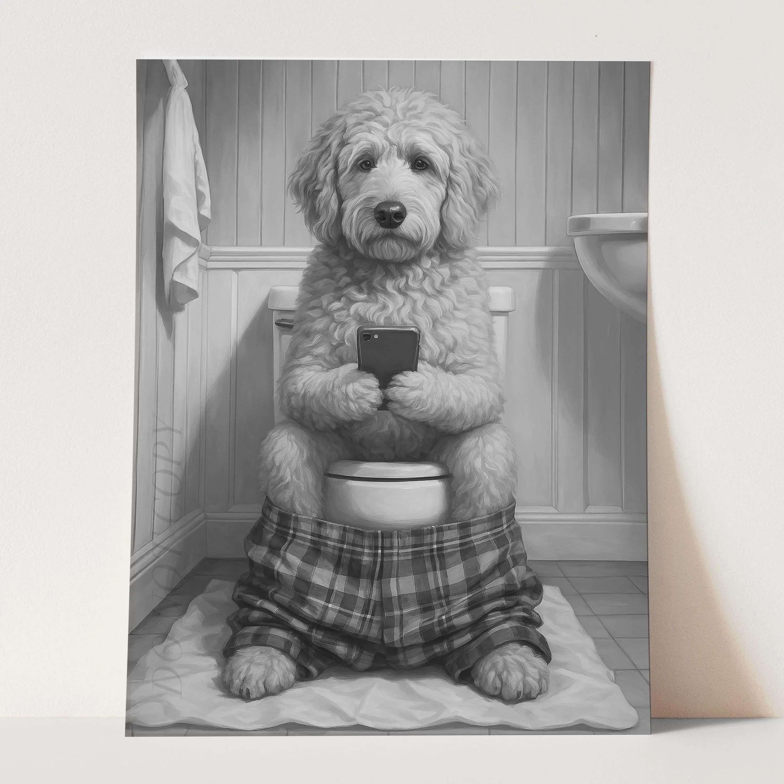 Golden Doodle Dog On The Phone On The Toilet - Image 3