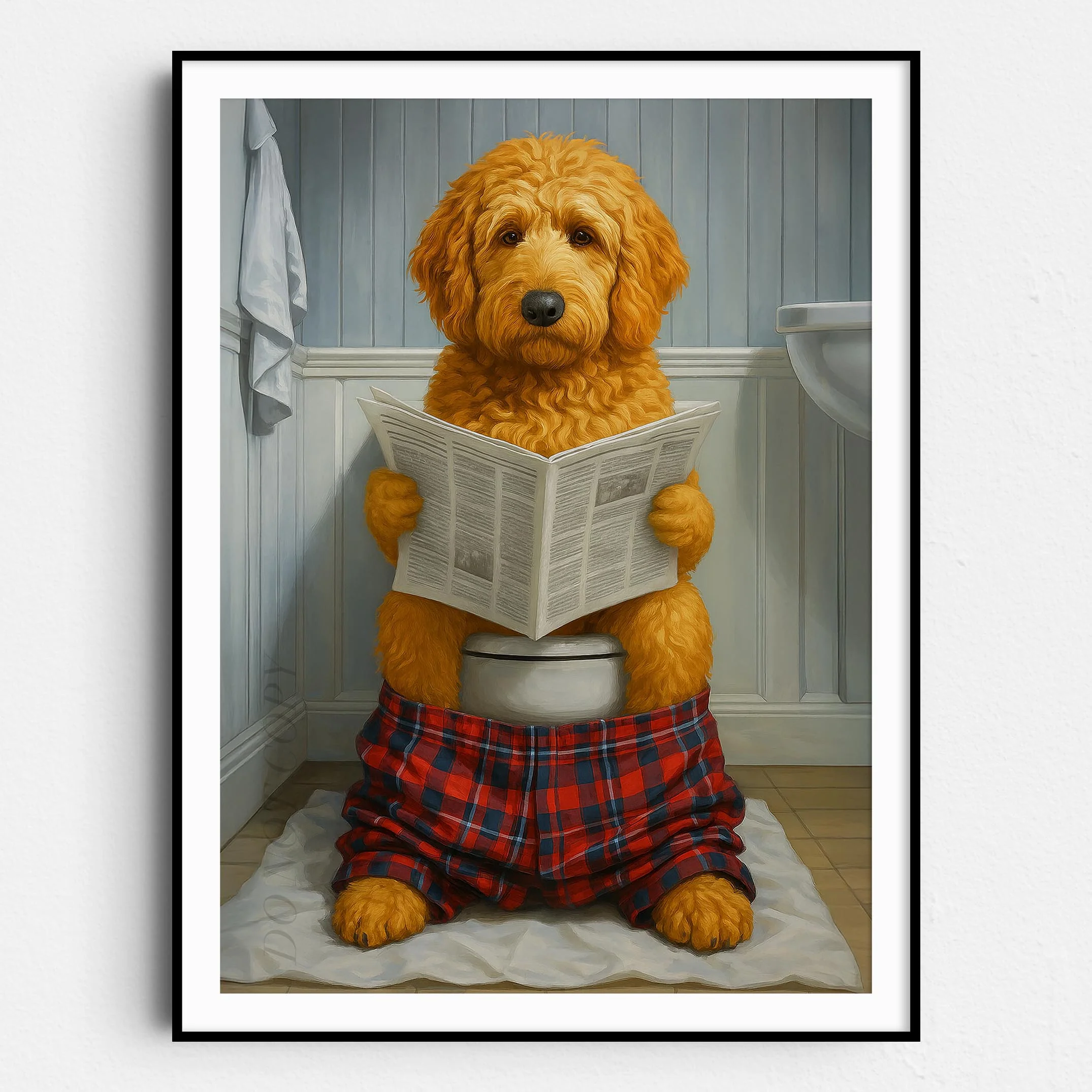 Golden Doodle Dog Reading The Newspaper On The Toilet