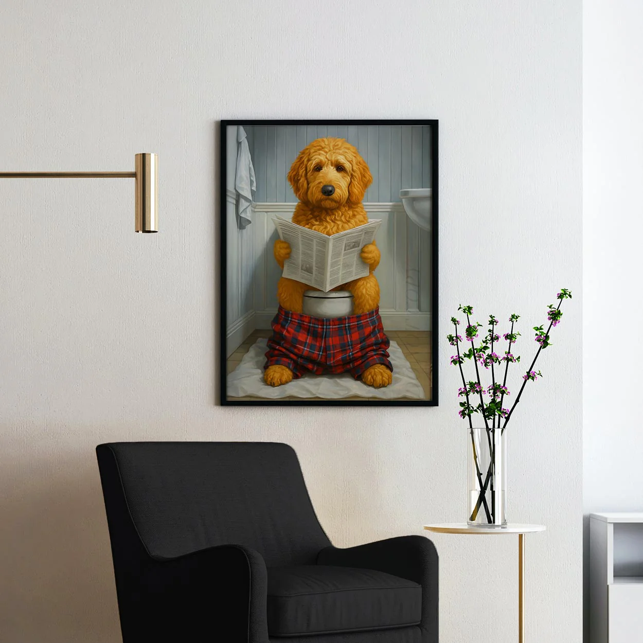 Golden Doodle Dog Reading The Newspaper On The Toilet - Image 2