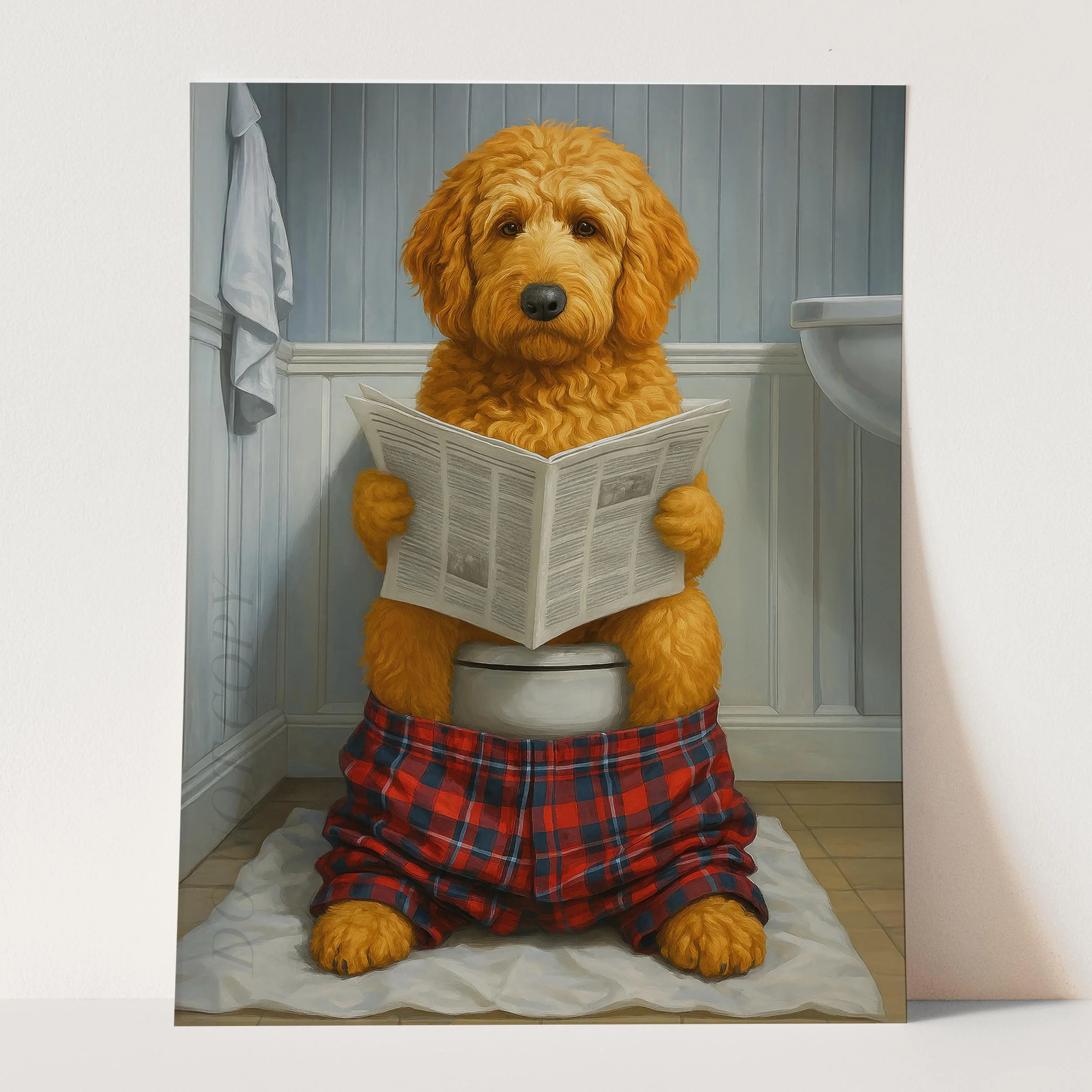 Golden Doodle Dog Reading The Newspaper On The Toilet - Image 3