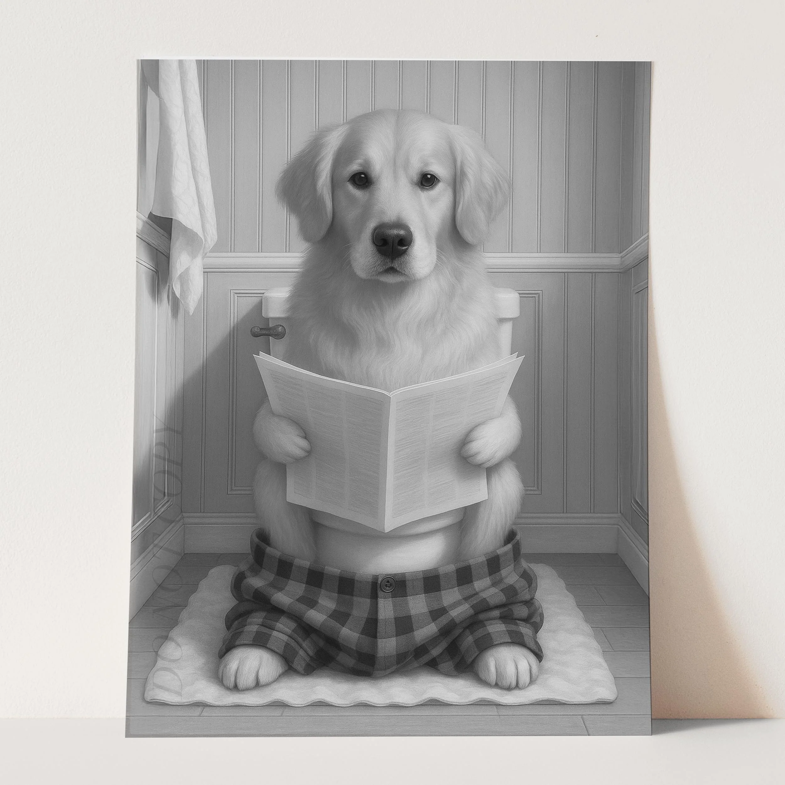 Golden Retriever Dog Reading The Newspaper On The Toilet - Image 3