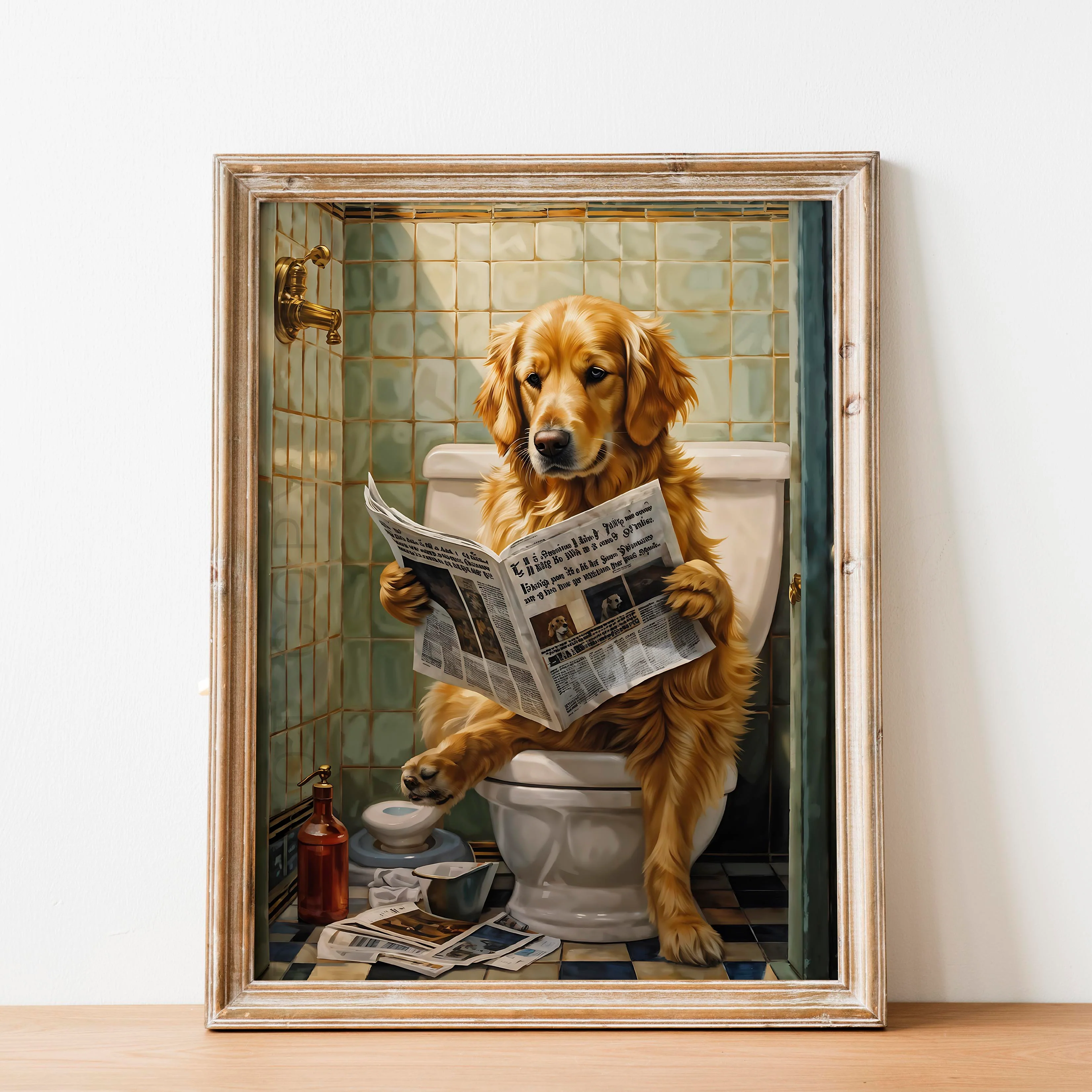Golden Retriever Reading Newspaper on the Toilet - Image 2