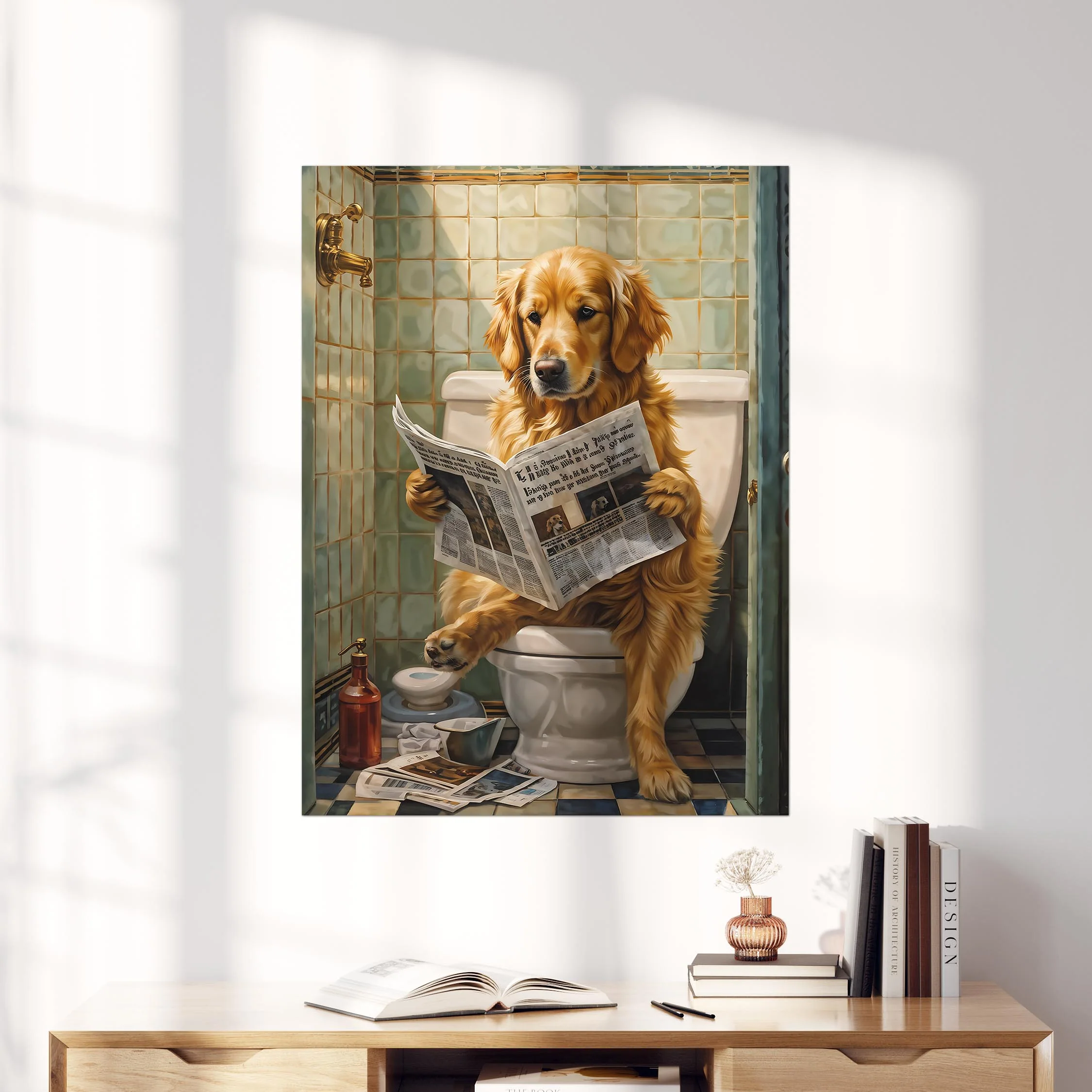 Golden Retriever Reading Newspaper on the Toilet - Image 4
