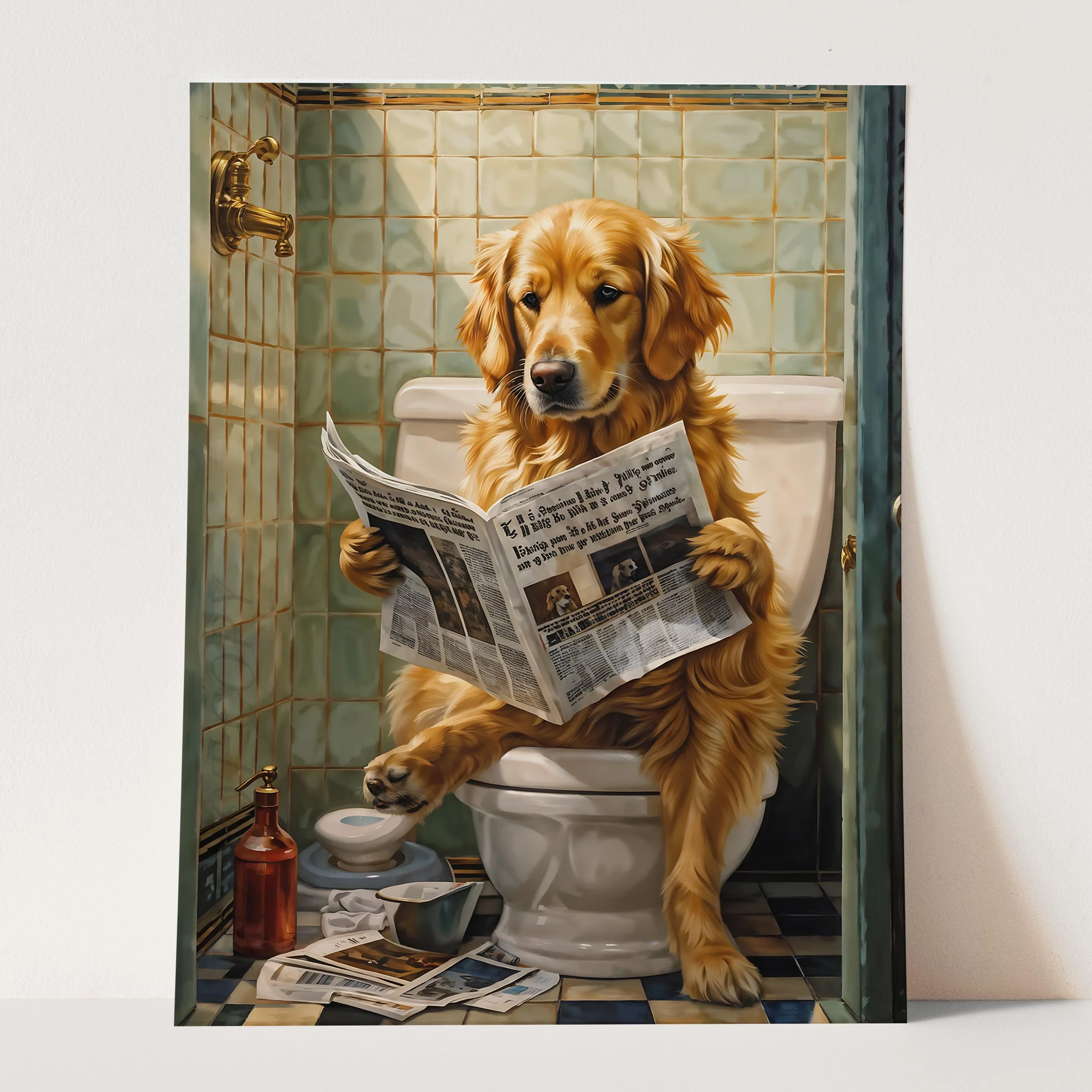 Golden Retriever Reading Newspaper on the Toilet - Image 5