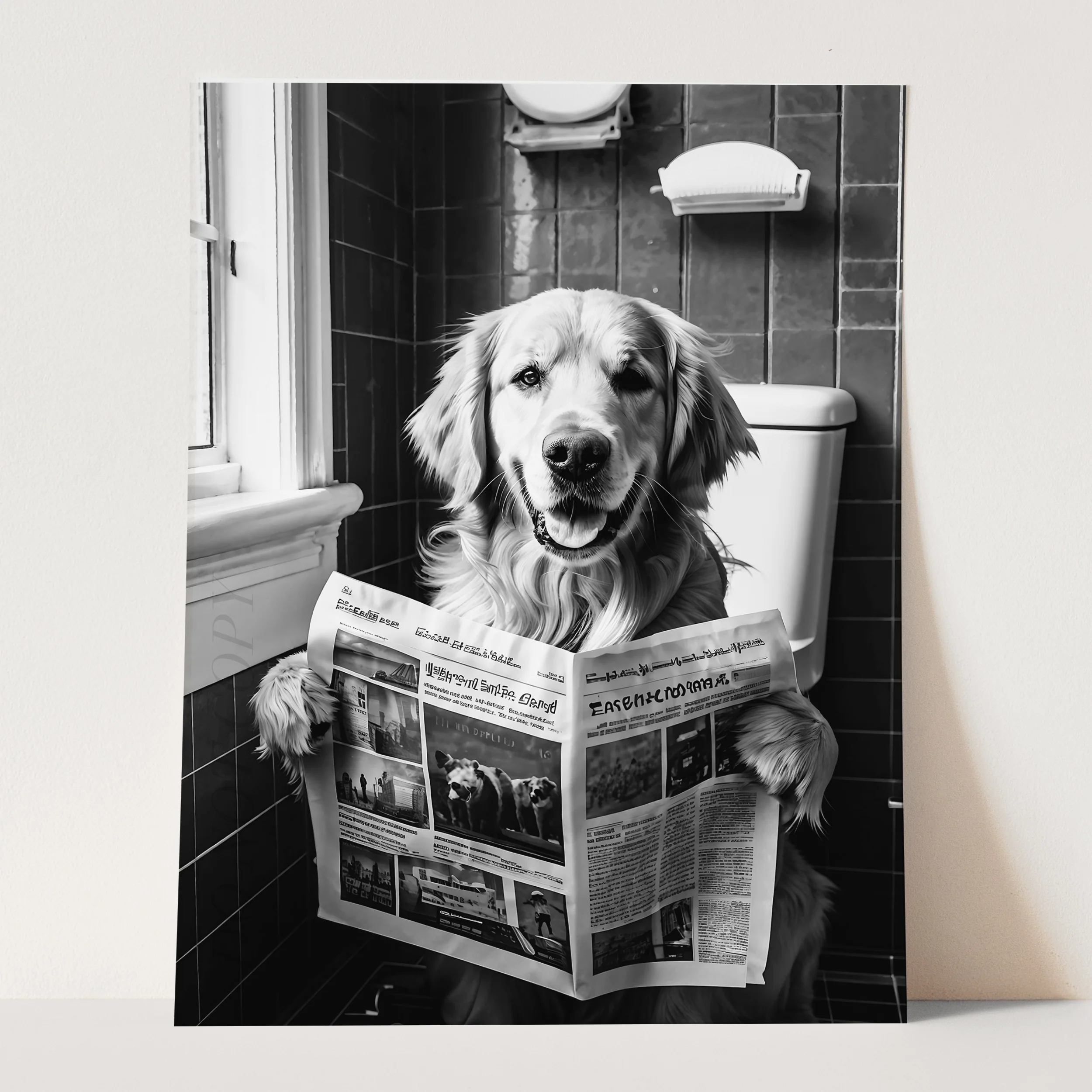 Golden Retriever Reading Newspaper On Toilet - Image 3