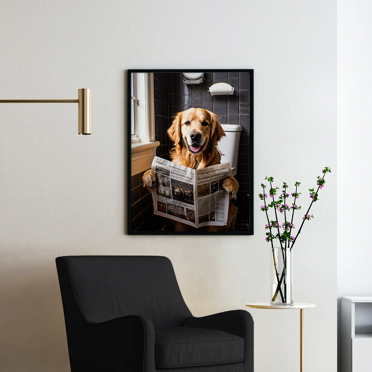 Golden Retriever Reading The Newspaper On The Toilet - Image 2