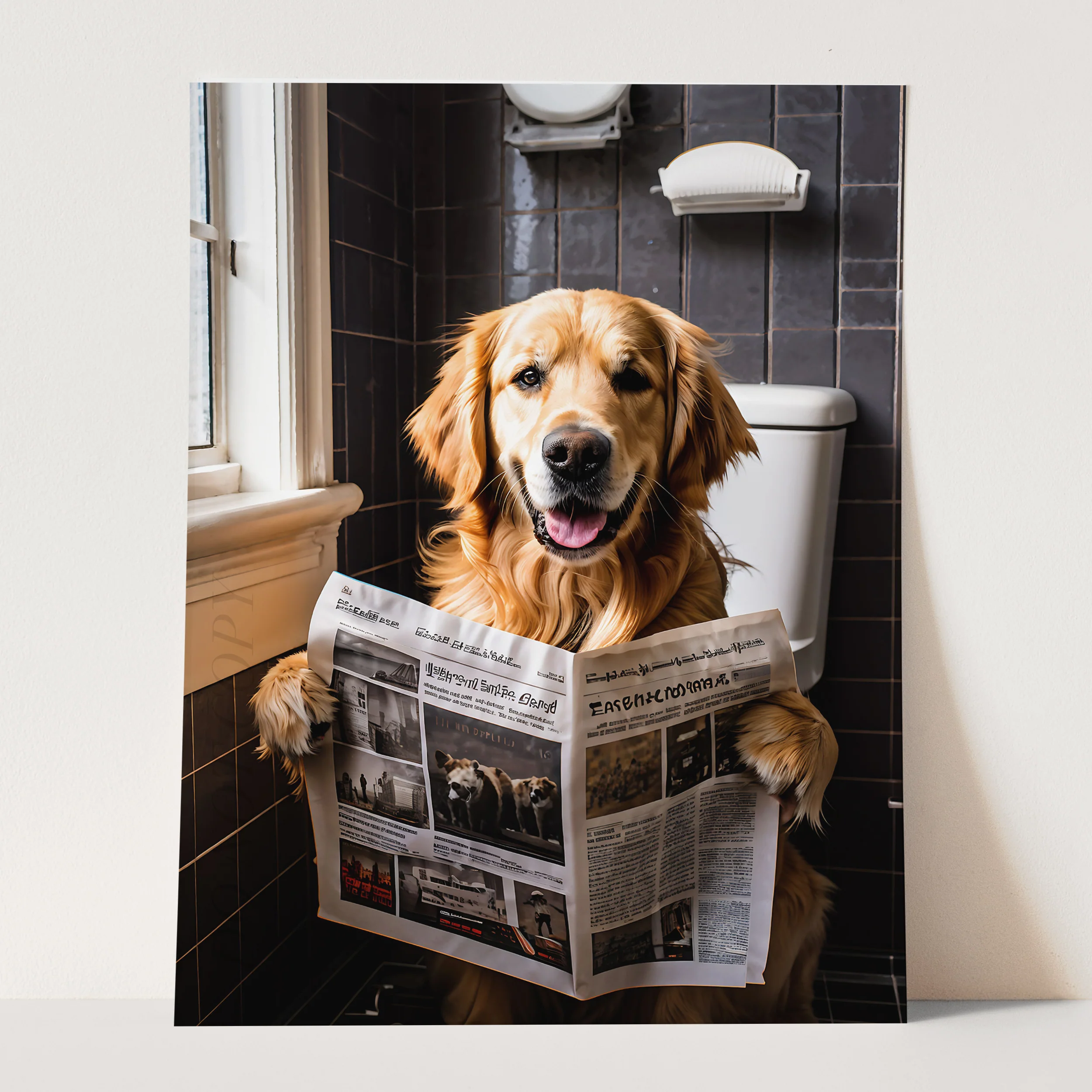 Golden Retriever Reading The Newspaper On The Toilet - Image 3