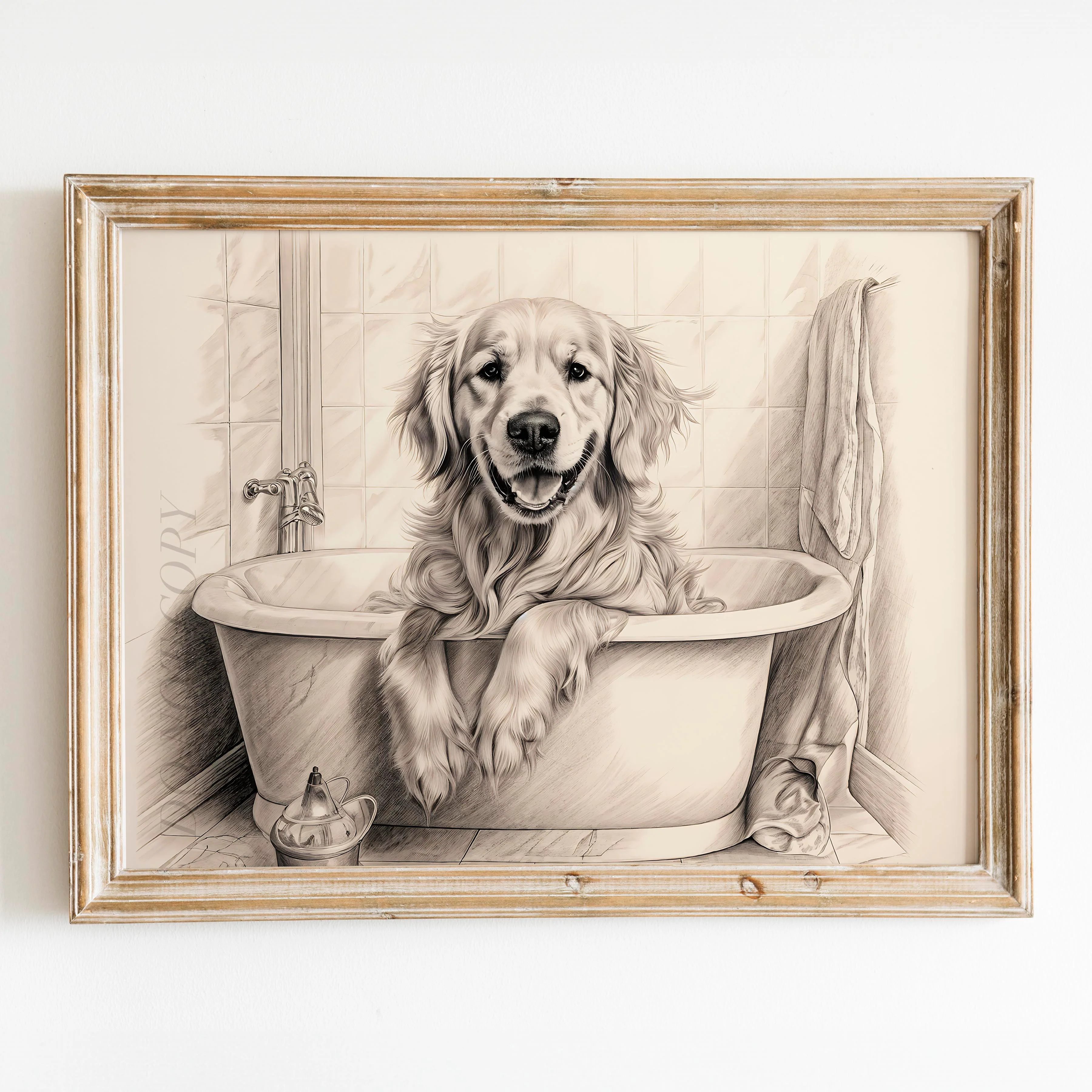 Golden Retriever Taking a Bath in the Bathtub
