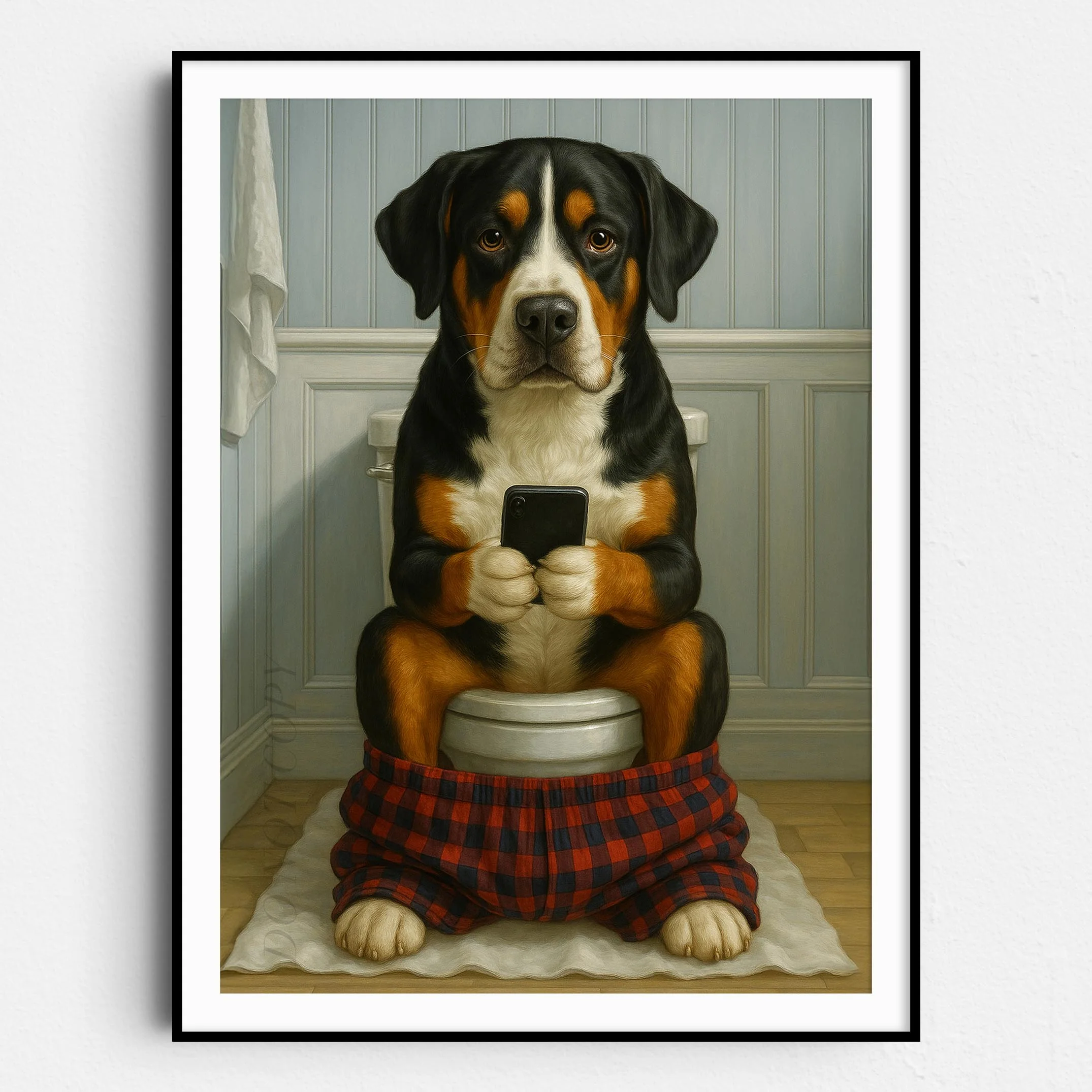 Greater Swiss Mountain Dog On The Phone On The Toilet