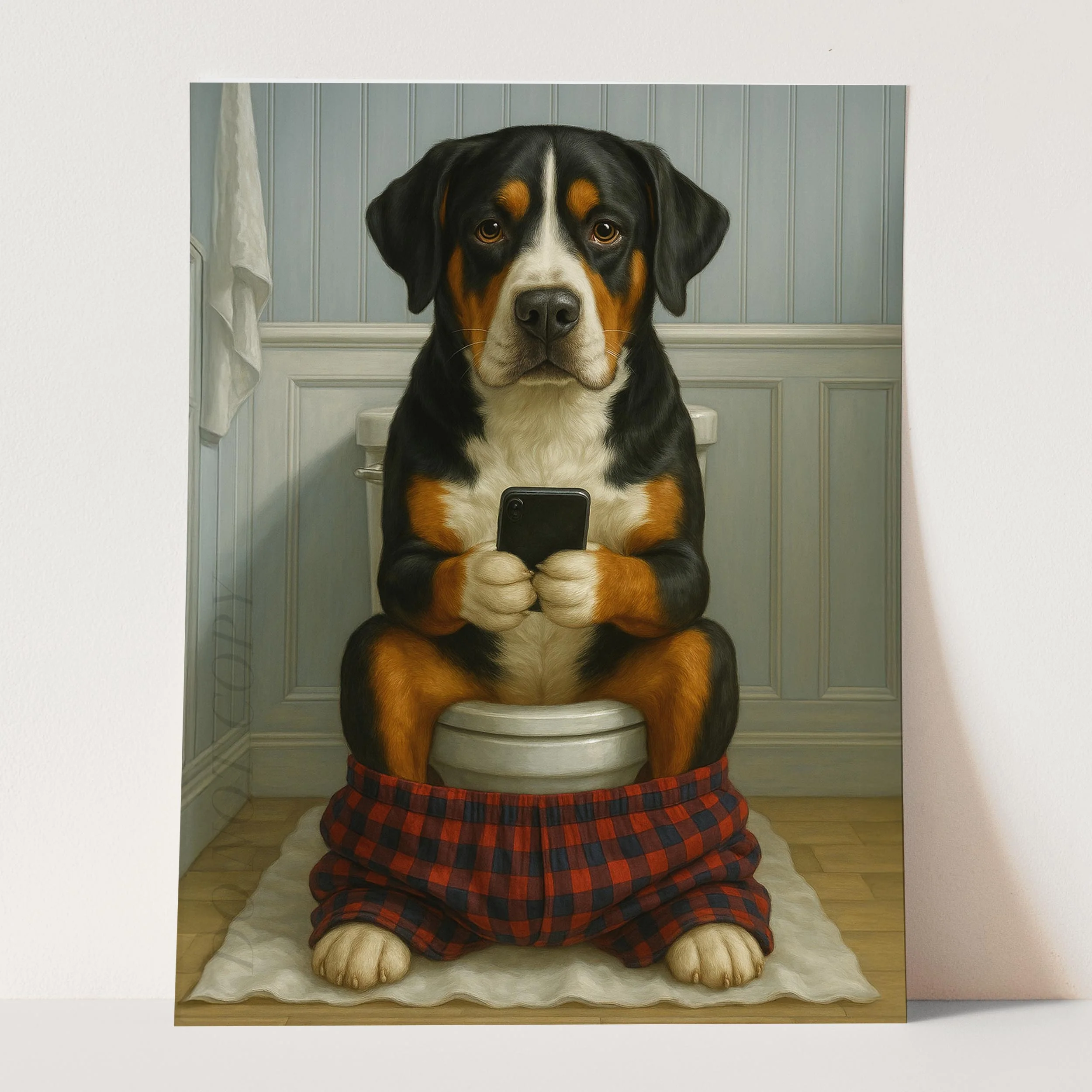 Greater Swiss Mountain Dog On The Phone On The Toilet - Image 3