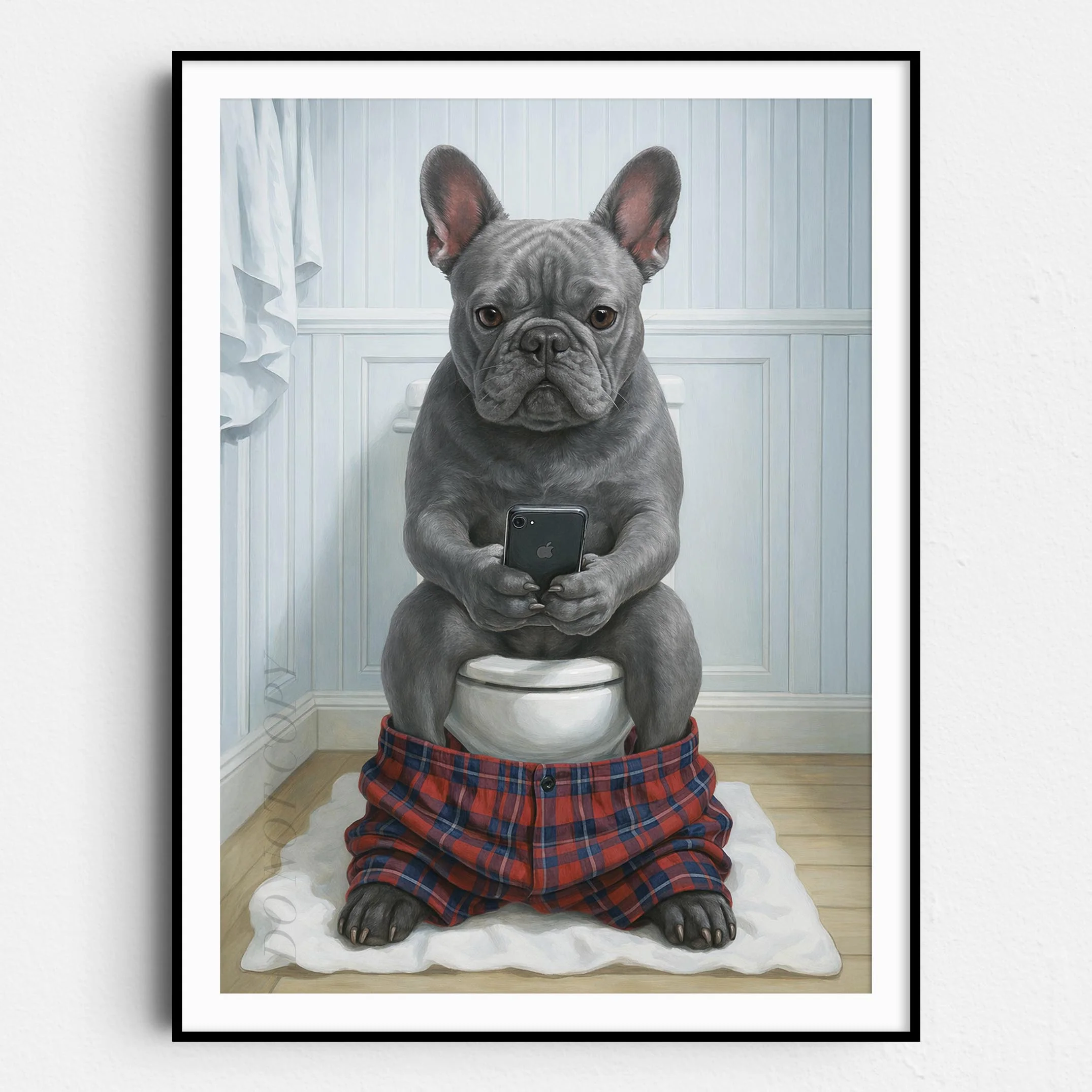 Grey French Bulldog On The Phone On The Toilet