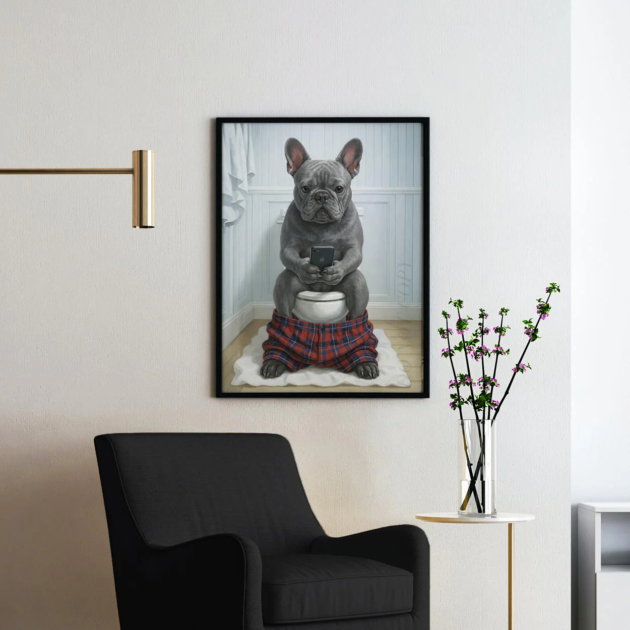 Grey French Bulldog On The Phone On The Toilet - Image 2