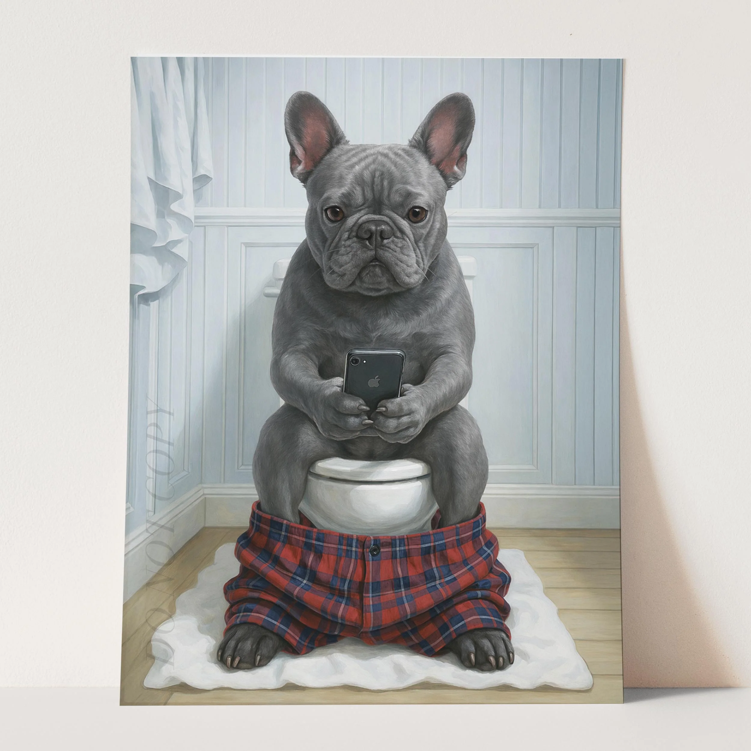 Grey French Bulldog On The Phone On The Toilet - Image 3
