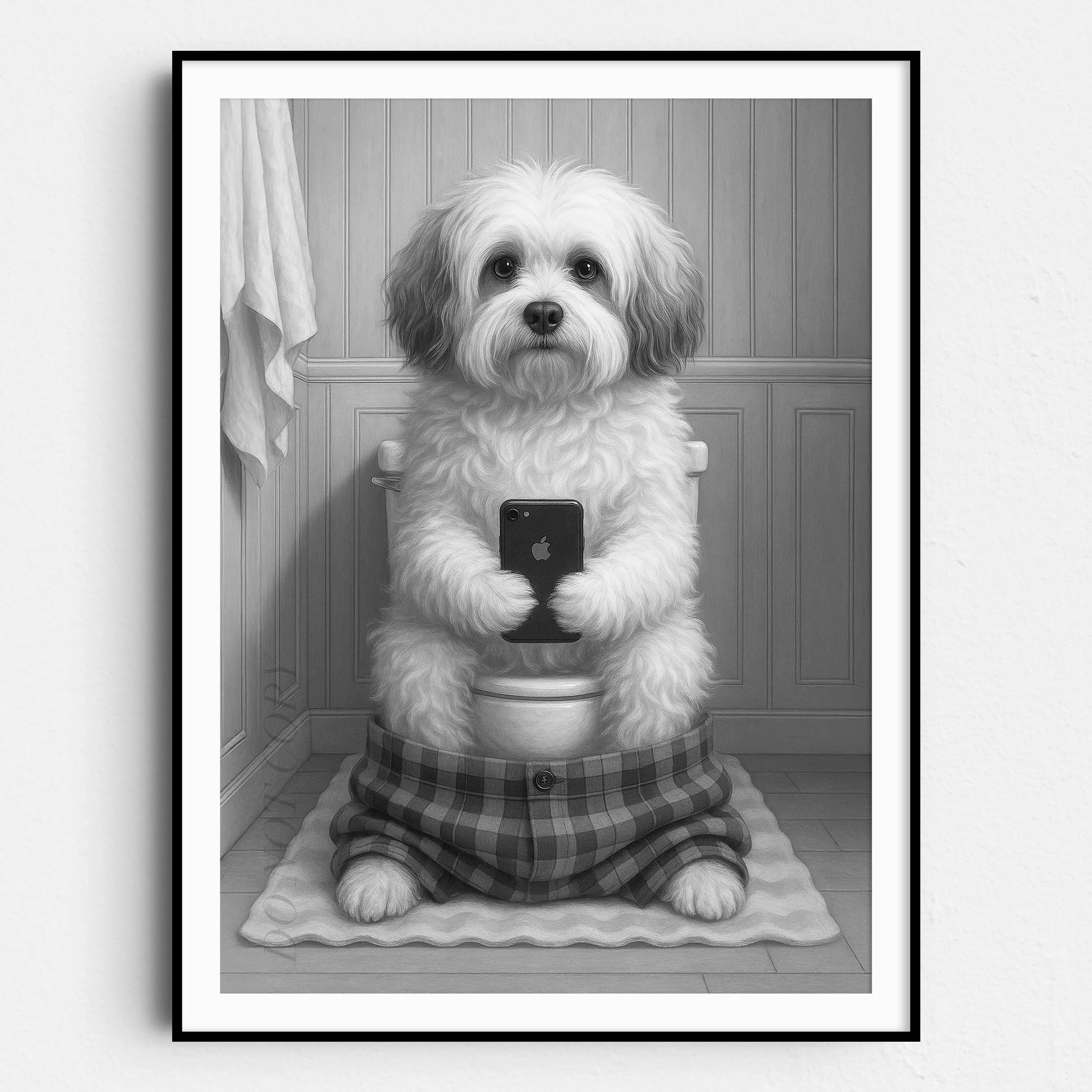 Havanese Dog On The Phone On The Toilet