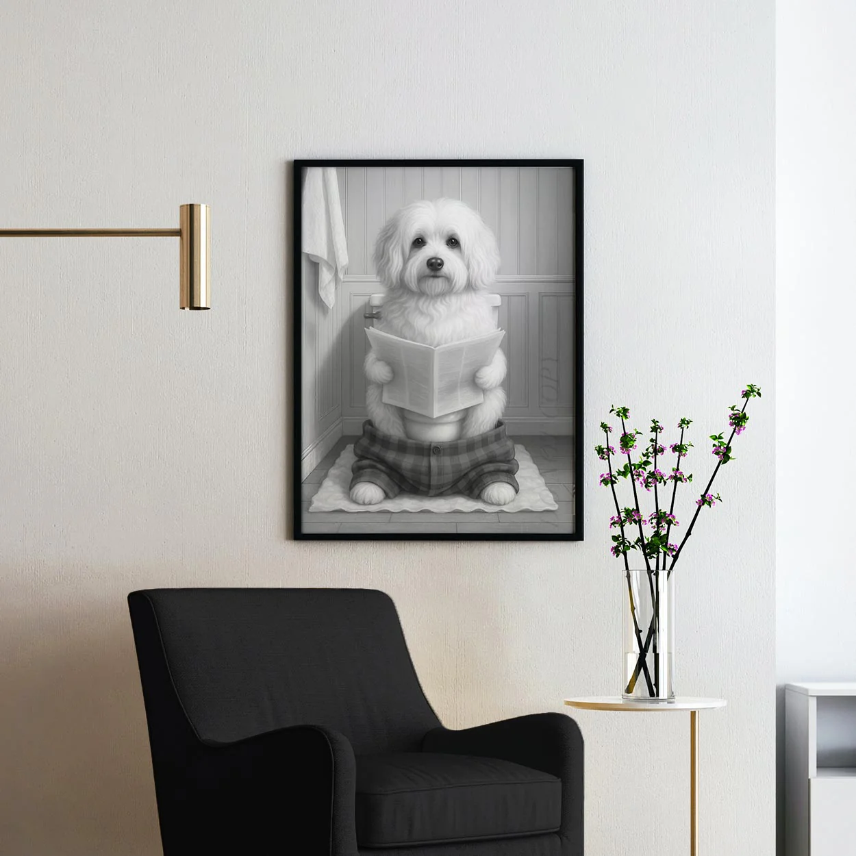 Havanese Dog Reading The Newspaper On The Toilet