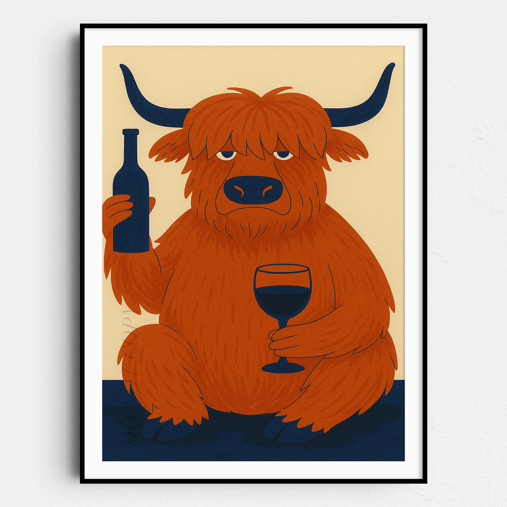 Highland Cow Drinking Wine Mid Century Modern