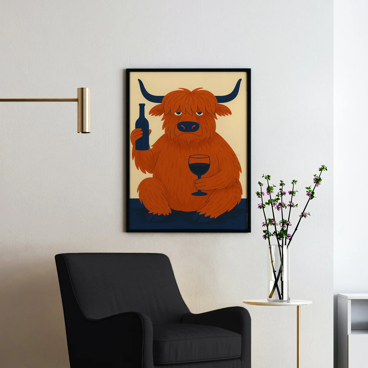 Highland Cow Drinking Wine Mid Century Modern - Image 2