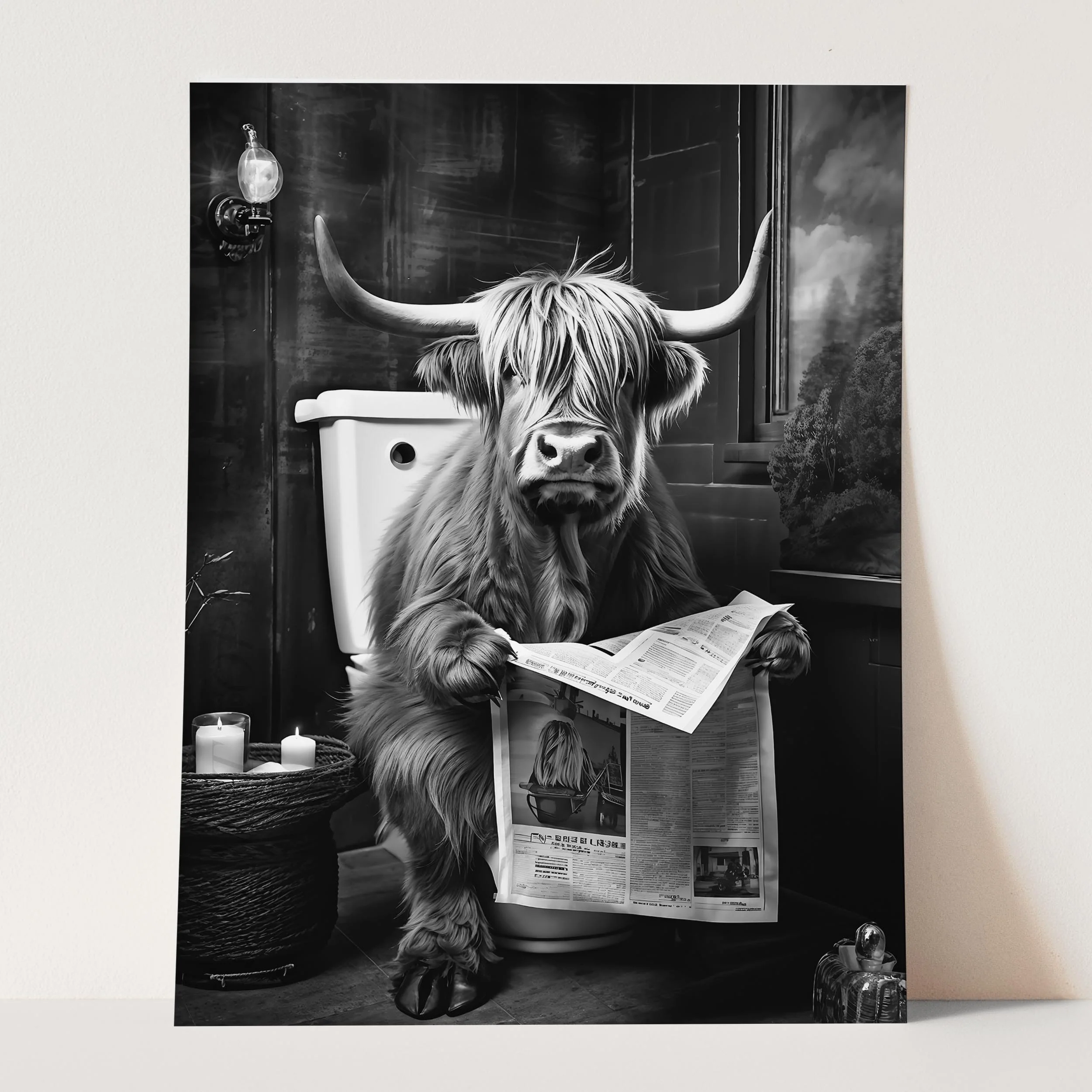 Highland Cow Reading the Newspaper on the Toilet