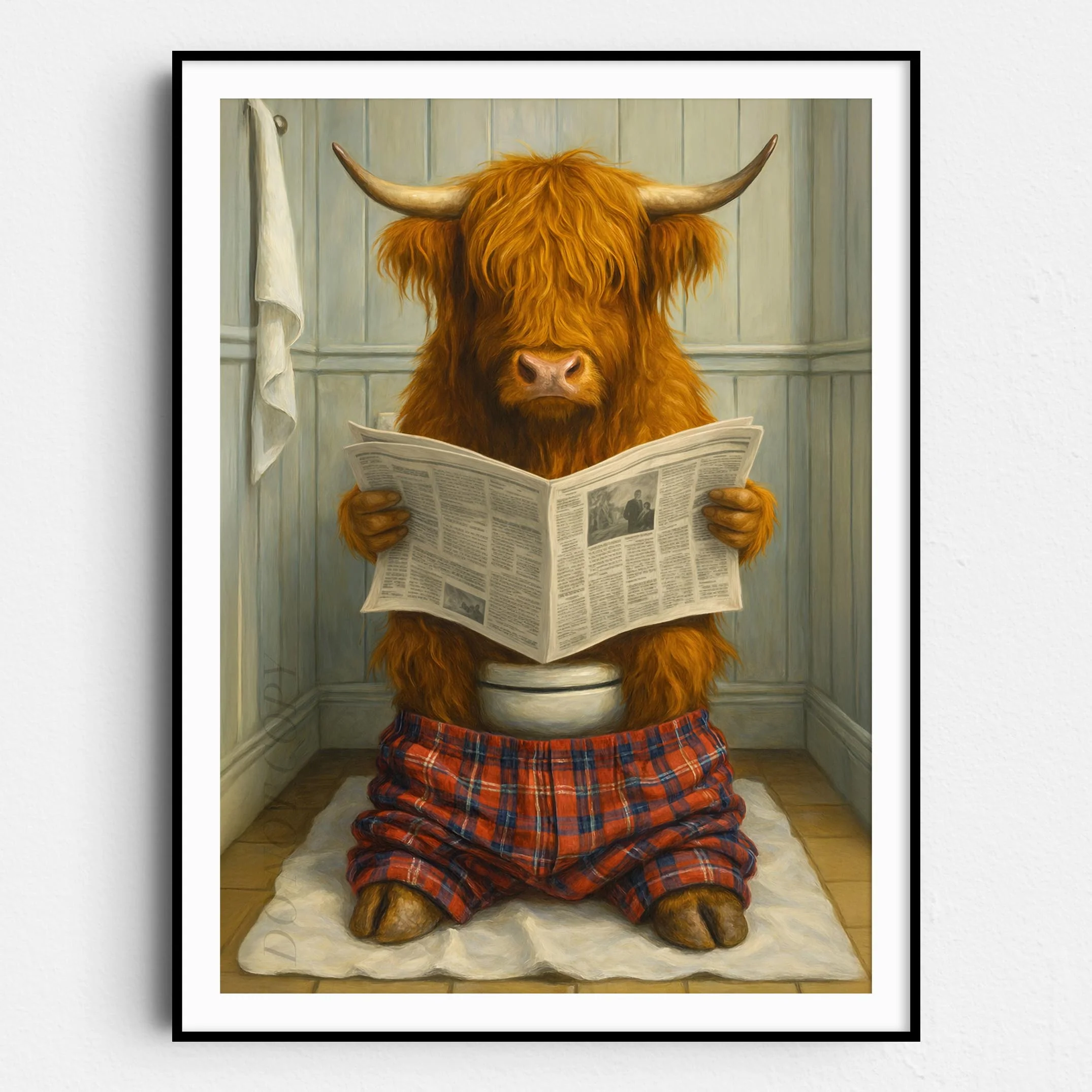Highland Cow Reading The Newspaper On The Toilet