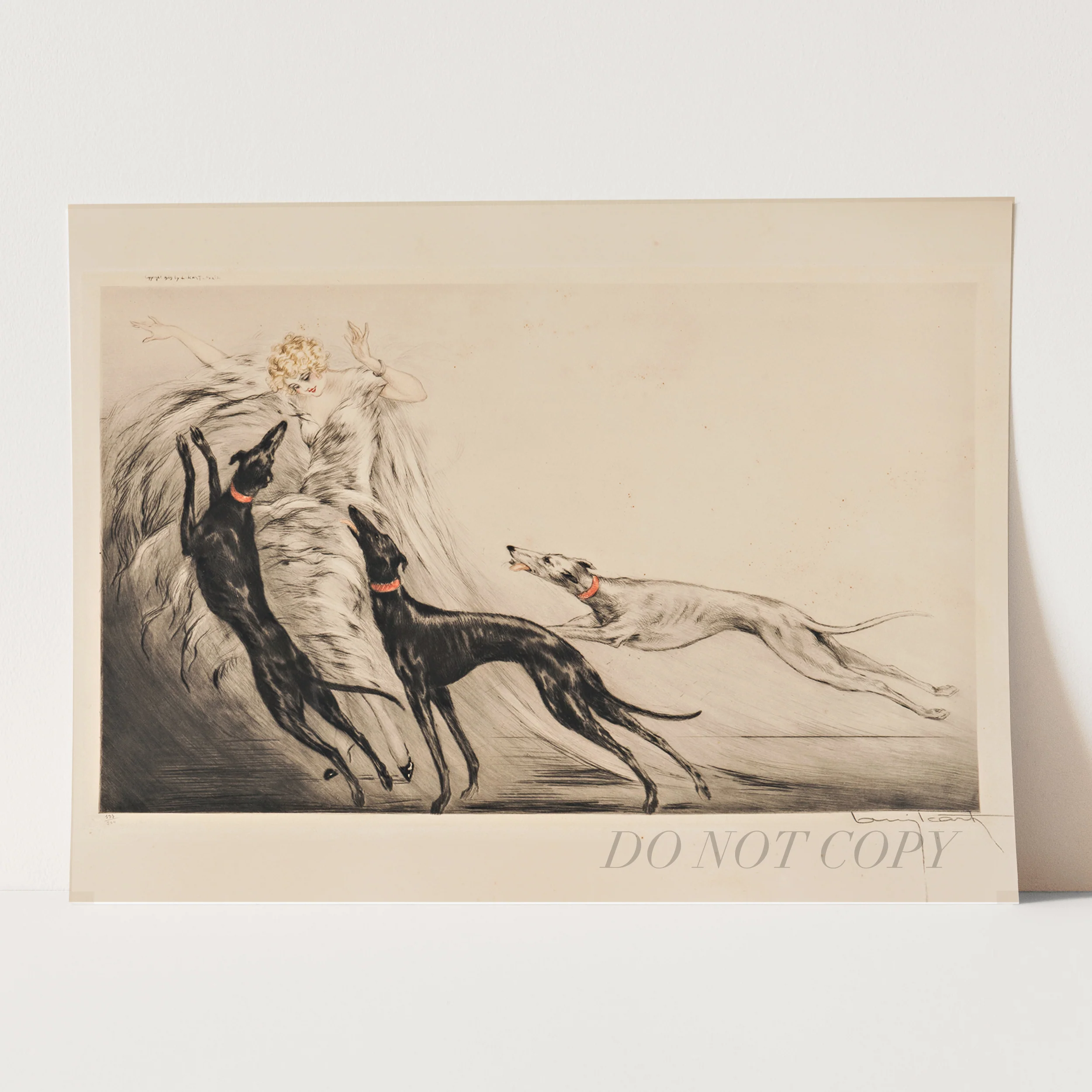 Icart Art Deco Fashion Lady Greyhound Dogs Coursing by Louis Icart - Image 3