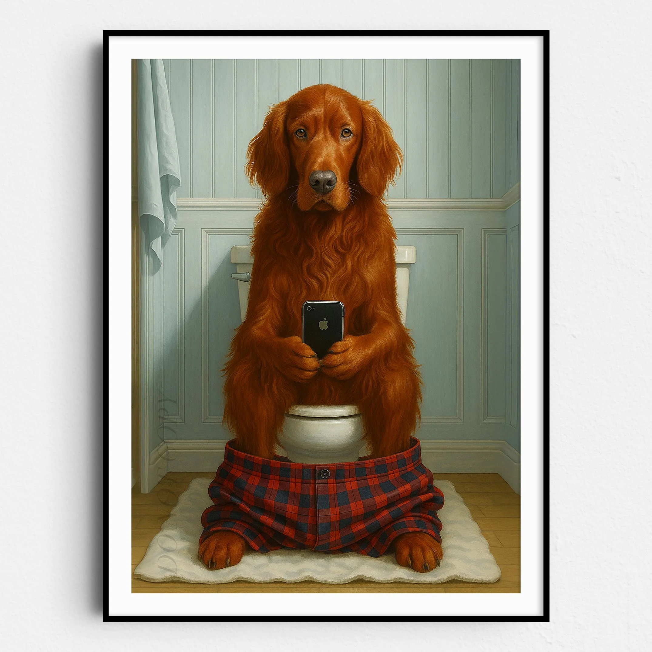 Irish Setter Dog On The Phone On The Toilet