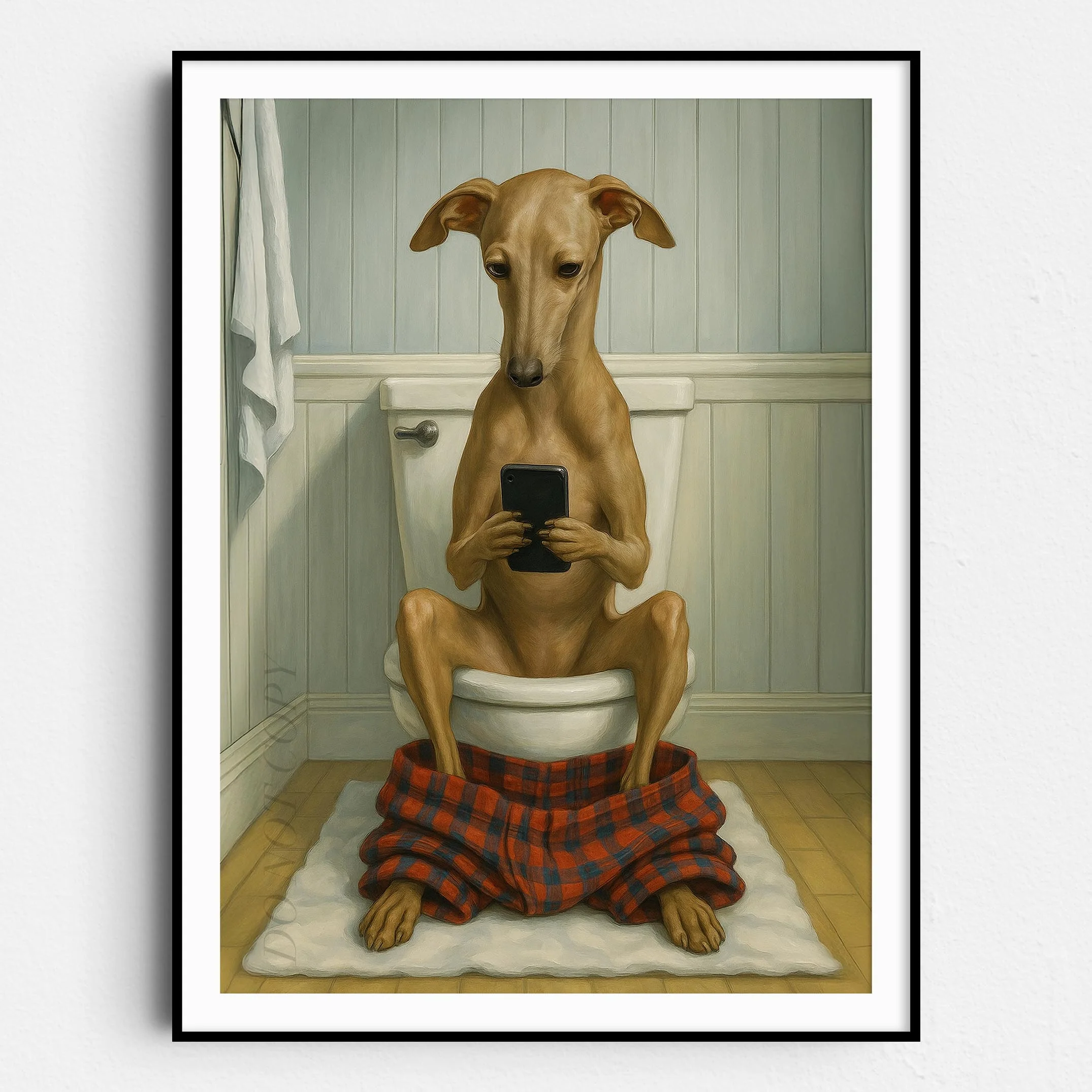 Italian Greyhound Dog On The Phone On The Toilet