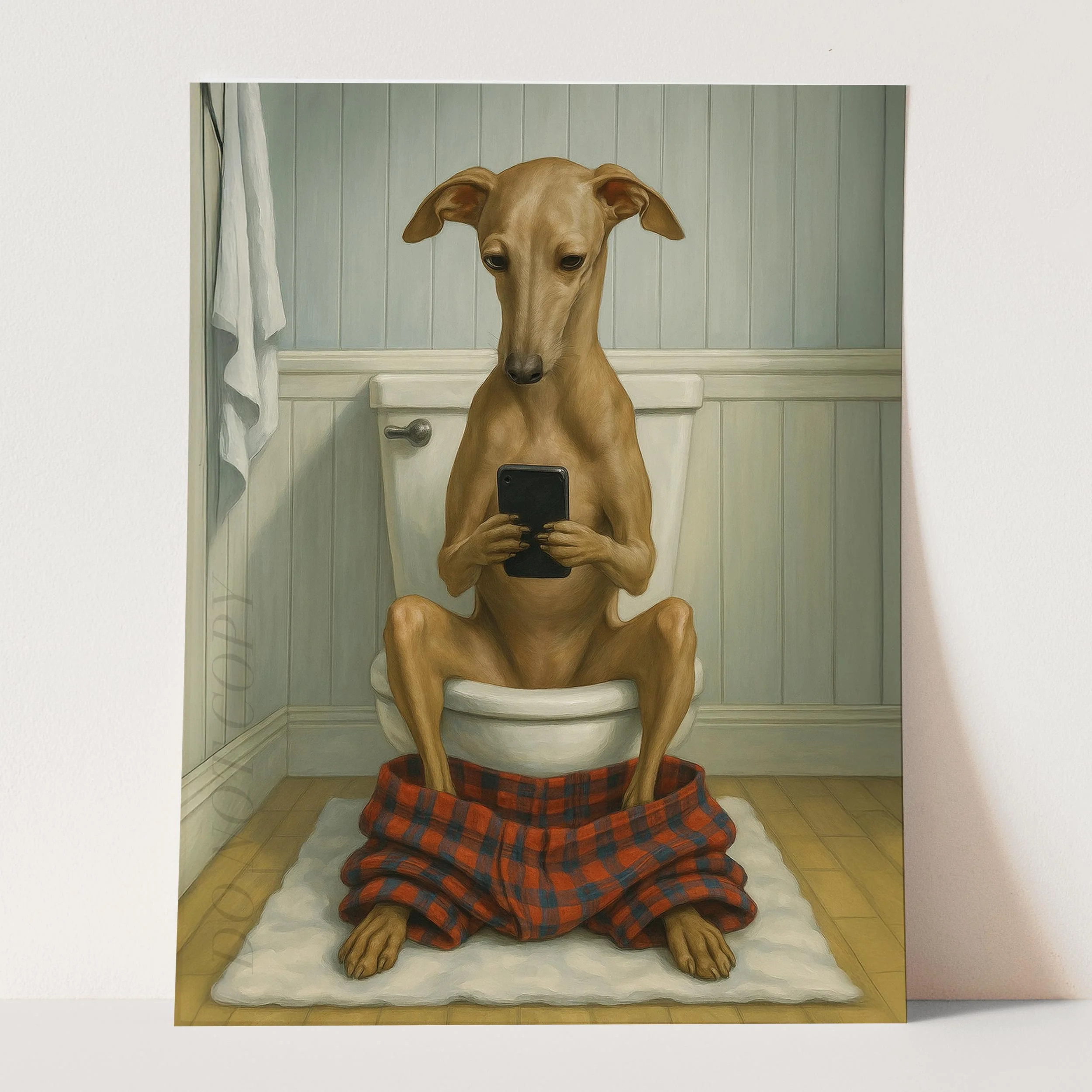 Italian Greyhound Dog On The Phone On The Toilet - Image 3
