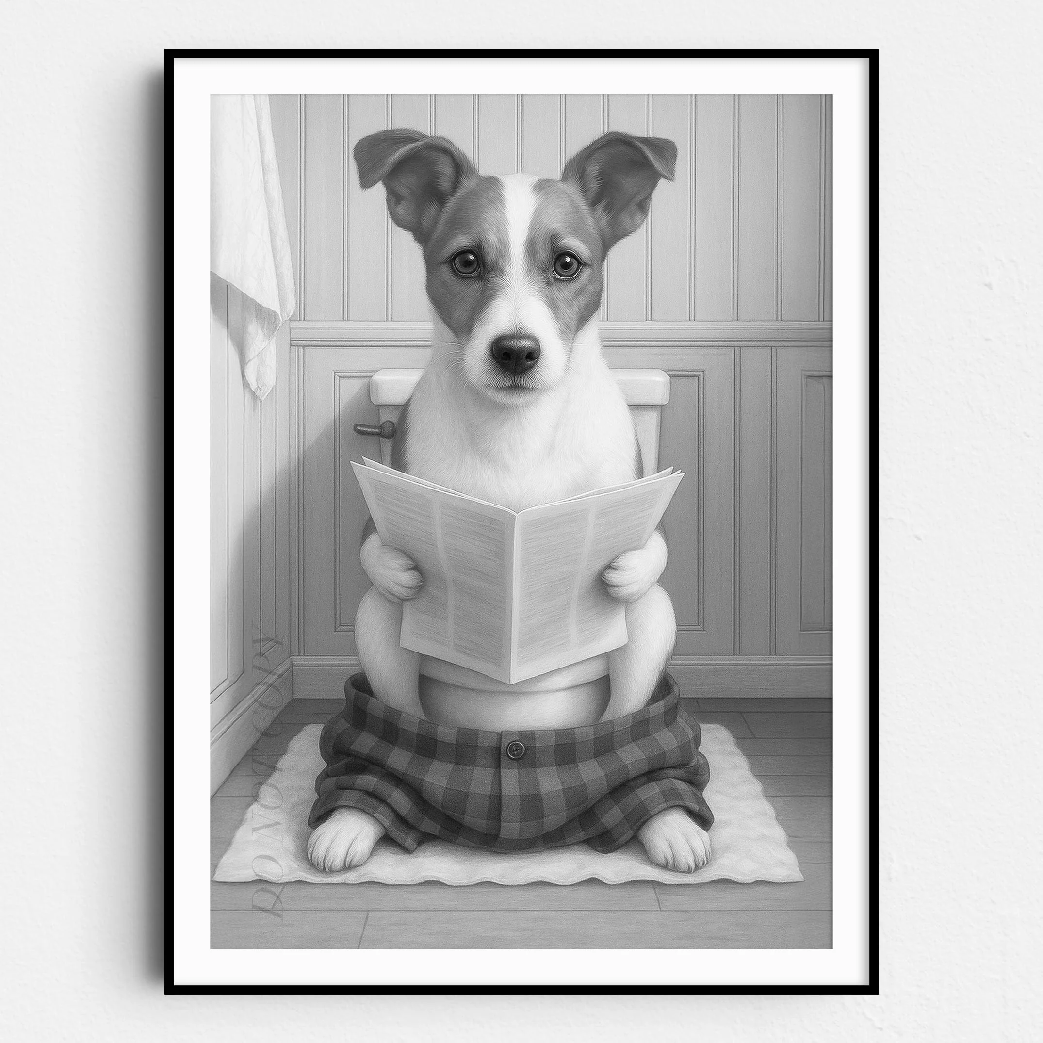 Jack Russell Terrier Dog Reading The Newspaper On The Toilet
