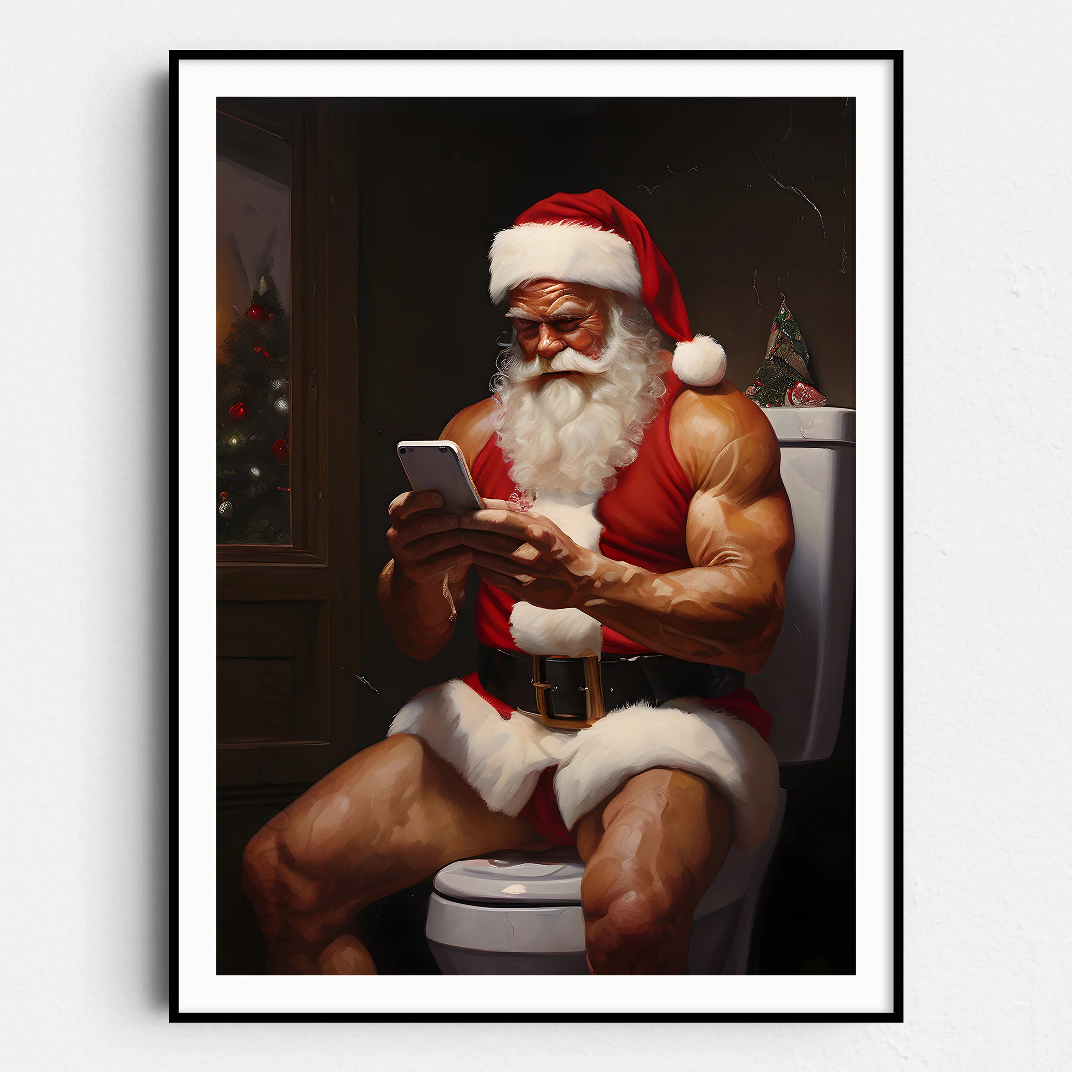 Jacked Santa Claus on His Phone on the Toilet