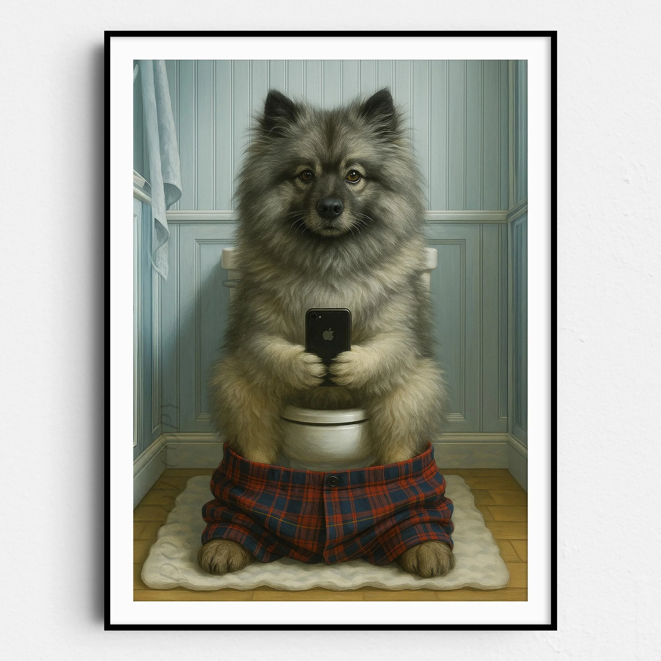 Keeshond Dog On The Phone On The Toilet
