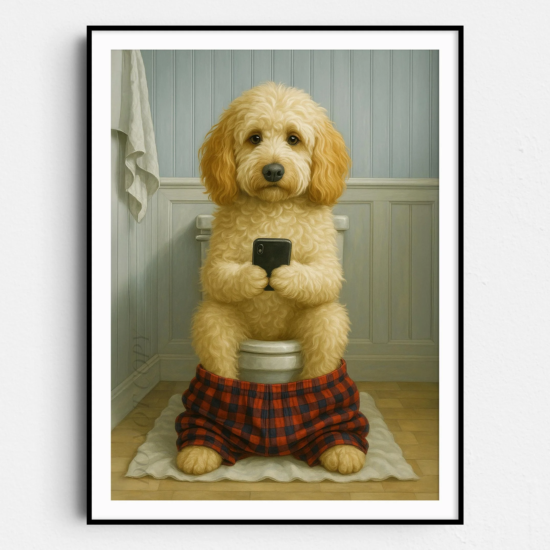 Labradoodle Dog On The Phone On The Toilet