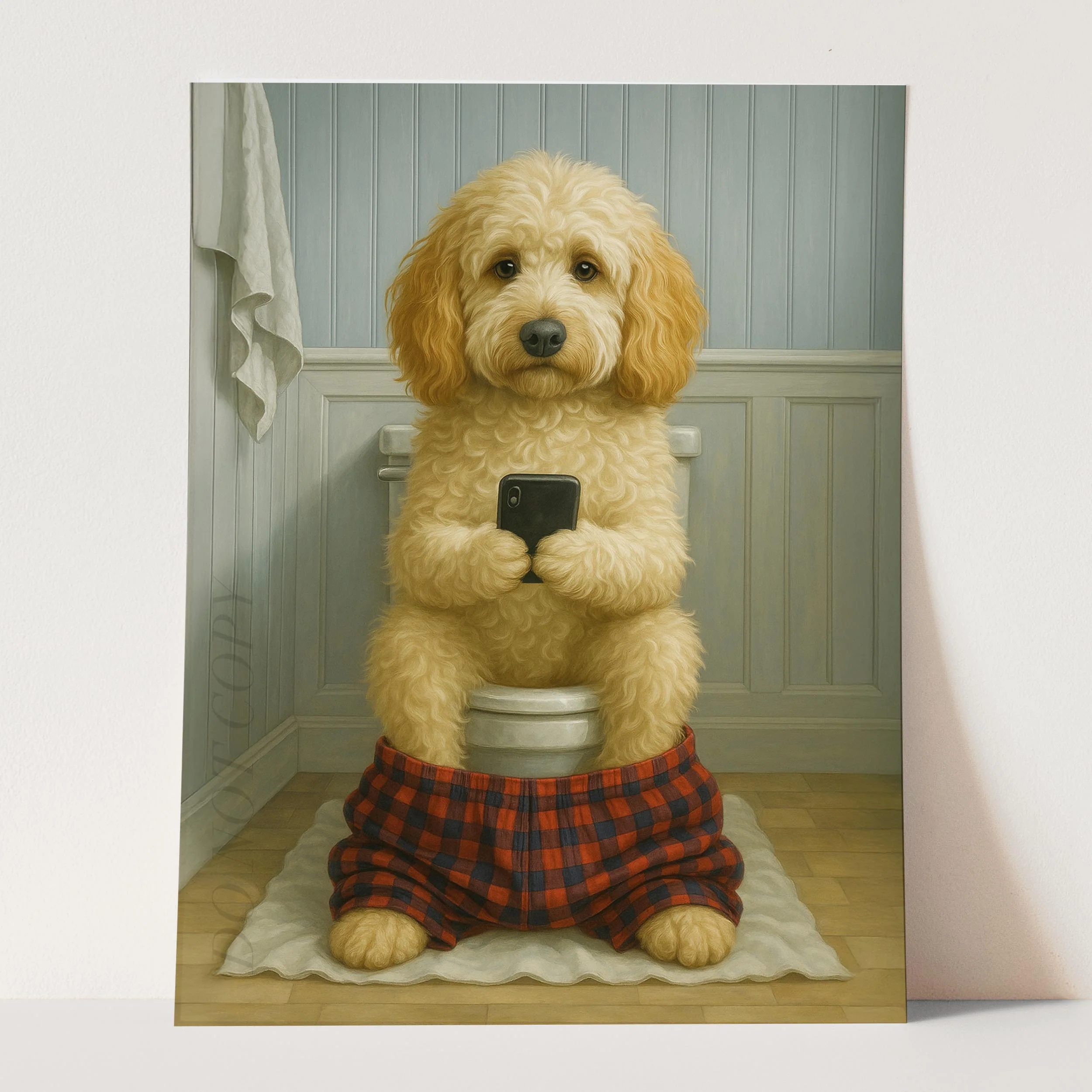 Labradoodle Dog On The Phone On The Toilet - Image 3