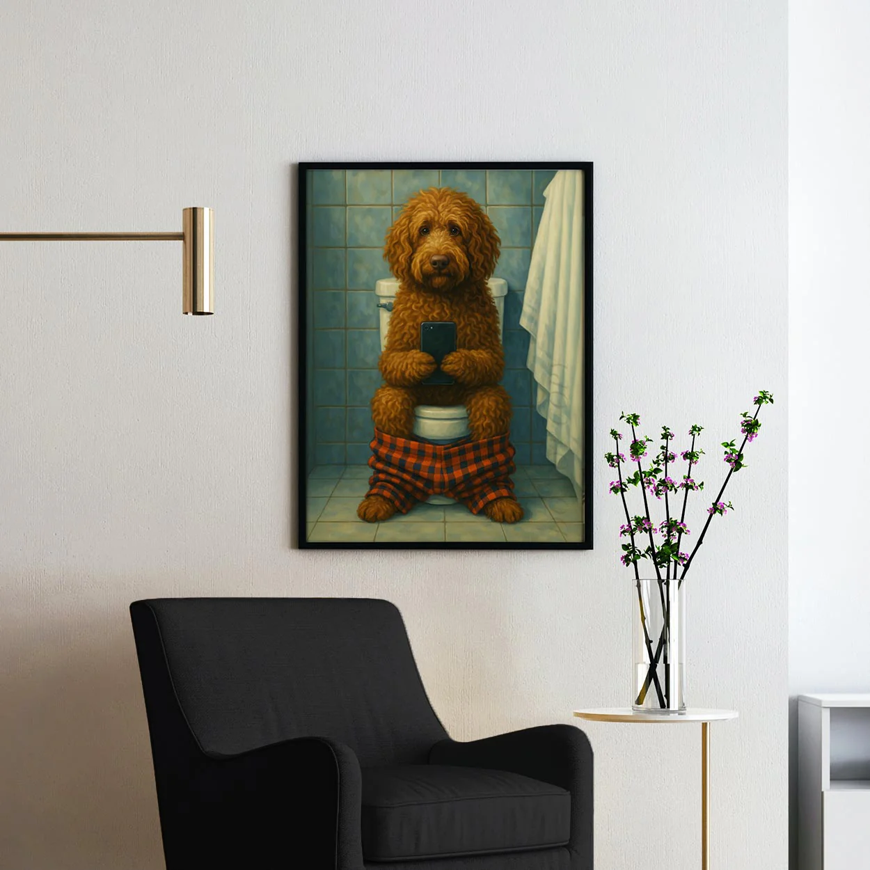 Labradoodle Dog On The Phone On The Toilet - Image 2