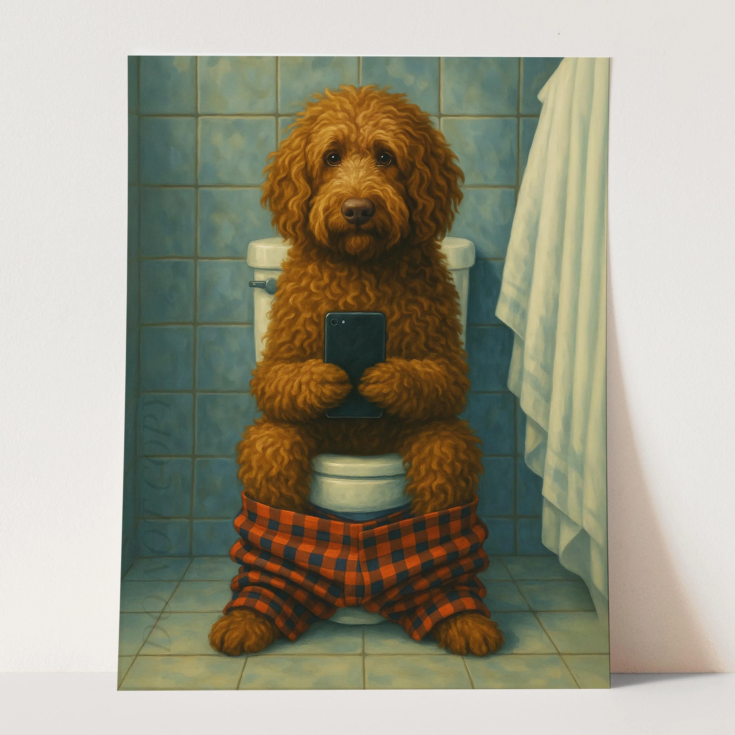 Labradoodle Dog On The Phone On The Toilet - Image 3